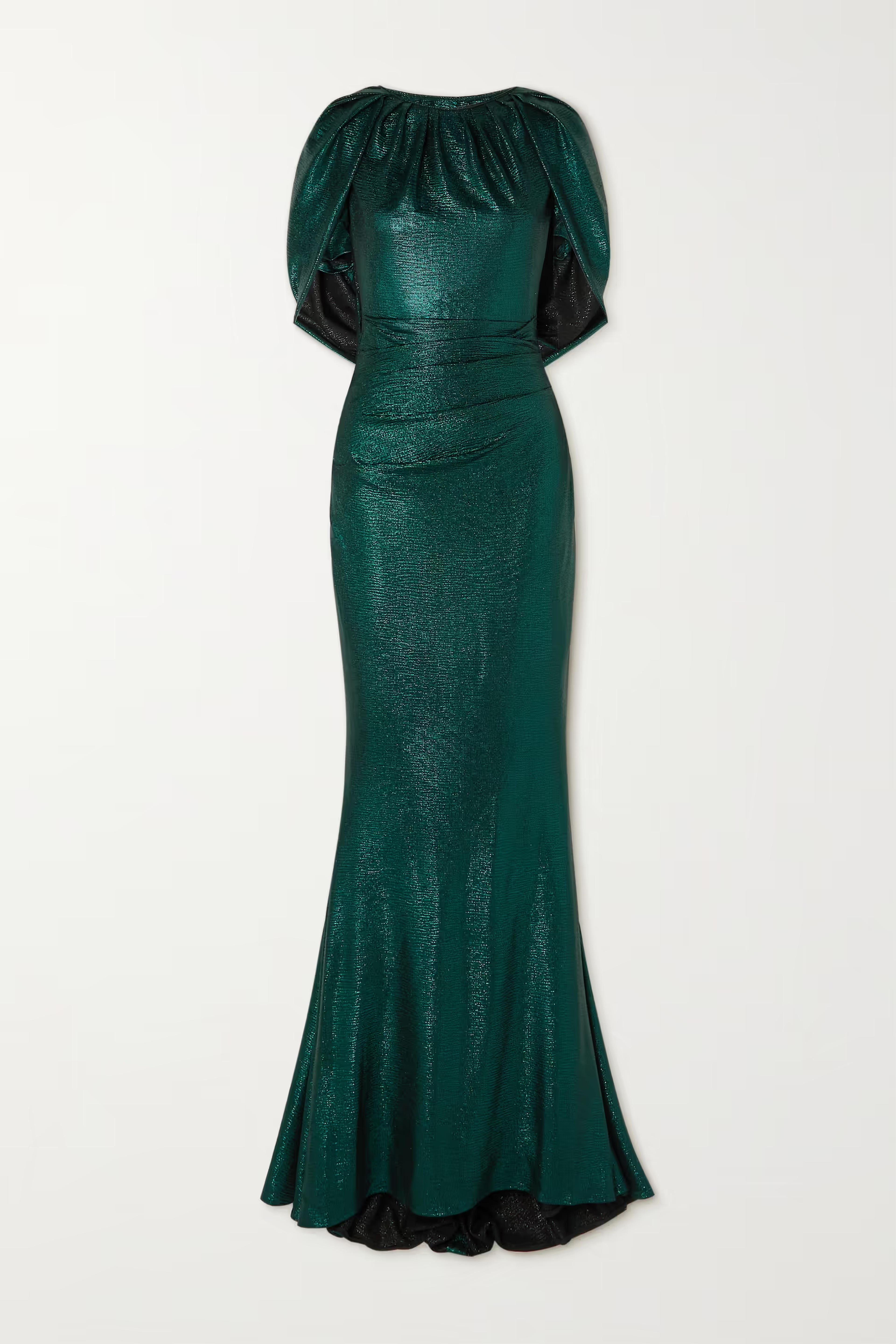 Emerald Cape-effect gathered metallic stretch-jersey gown | TALBOT RUNHOF | NET-A-PORTER