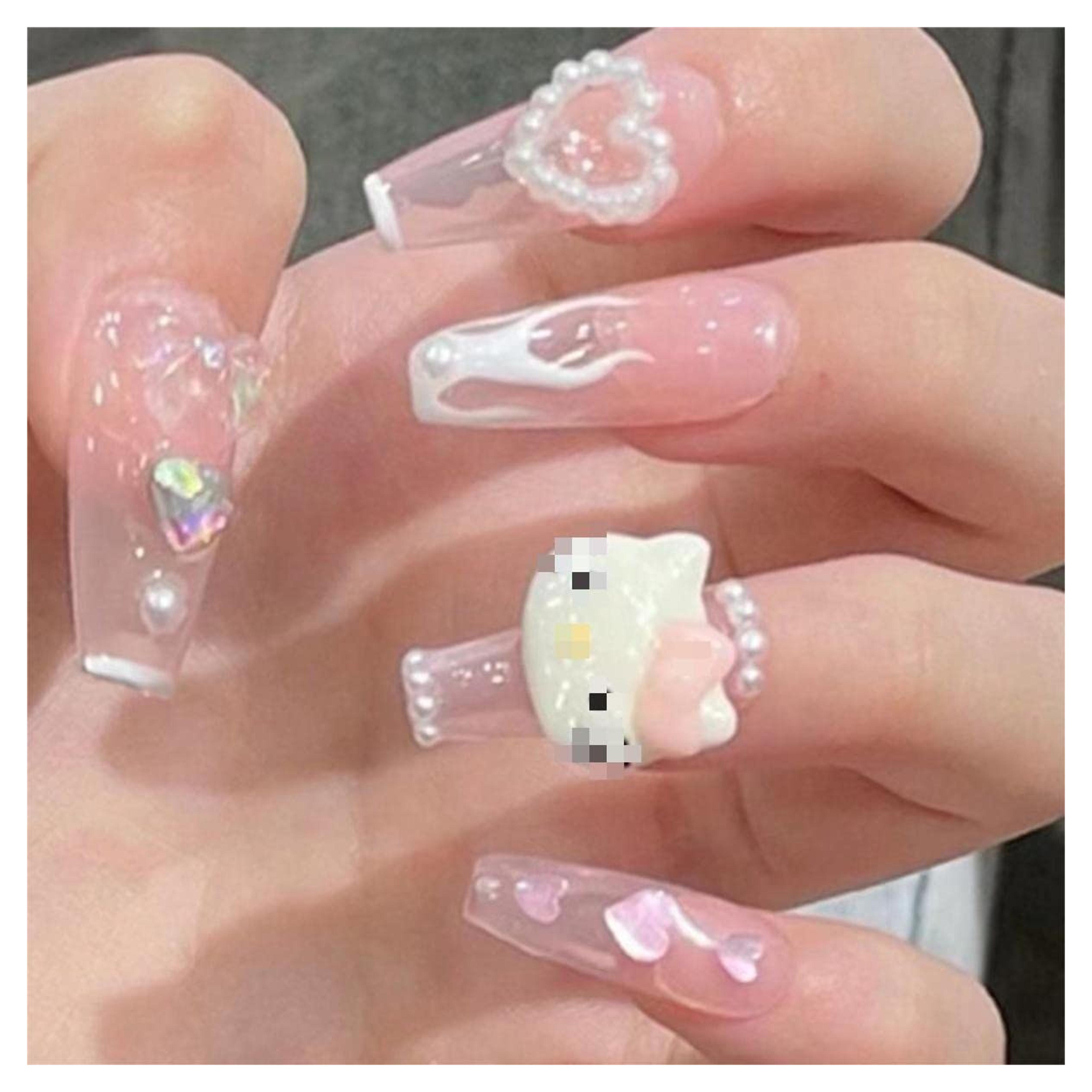 Nail Apparel Y2K Long Coffin Cute Kawaii Press on Nails 3D Cartoon Hot Pink Rabbite Black Pink Daisy Duck Glitter Rhinestone Heart Pearl Bow Flame Long Ballet Trapezoid Fake Nails 24Pcs (White Flame Kitty)