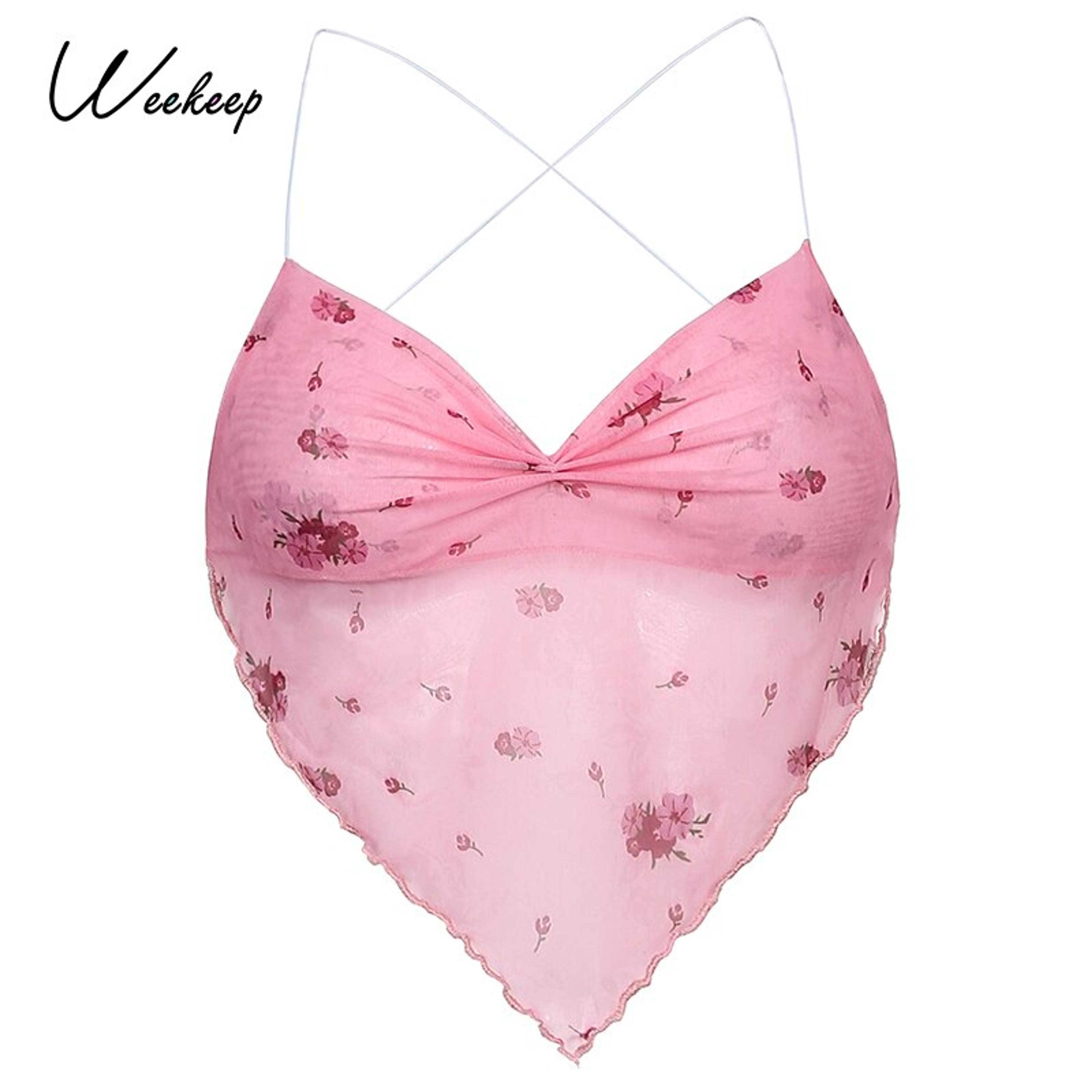 10.15C$ 43% OFF|Weekeep Pink Cute Mesh Halter Tops Women Floral Print New Aesthetic Vintage Clothes Sleeveless Backless Sexy Crop Top Club Femme - Tanks & Camis - AliExpress