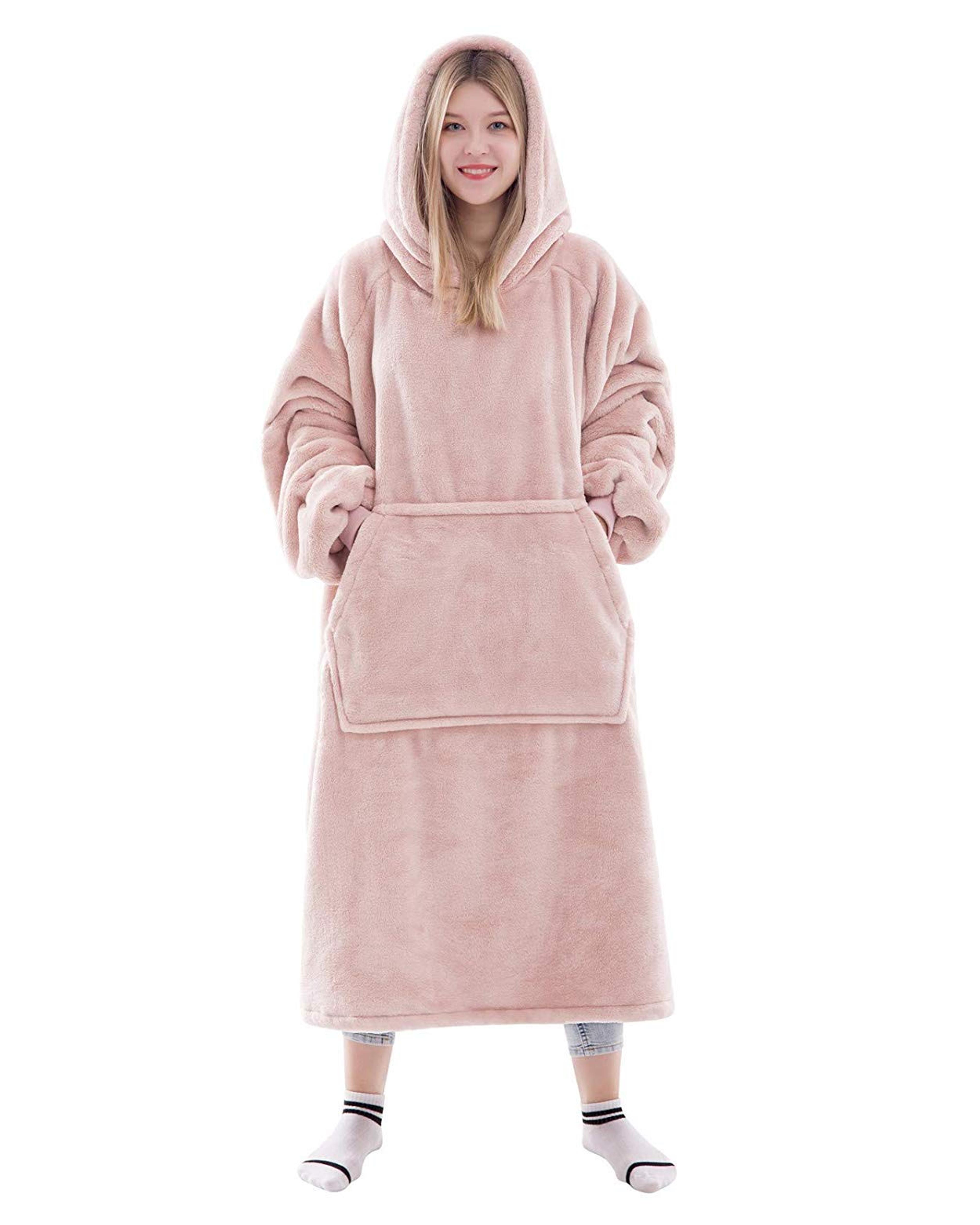 Waitu Wearable Blanket Sweatshirt for Women and Men, Super Warm and Cozy Giant Blanket Hoodie, Thick Flannel Blanket with Sleeves and Giant Pocket - Pink