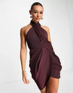 ASOS DESIGN Satin wrap neck drape mini dress in soft washed twill in wine | ASOS