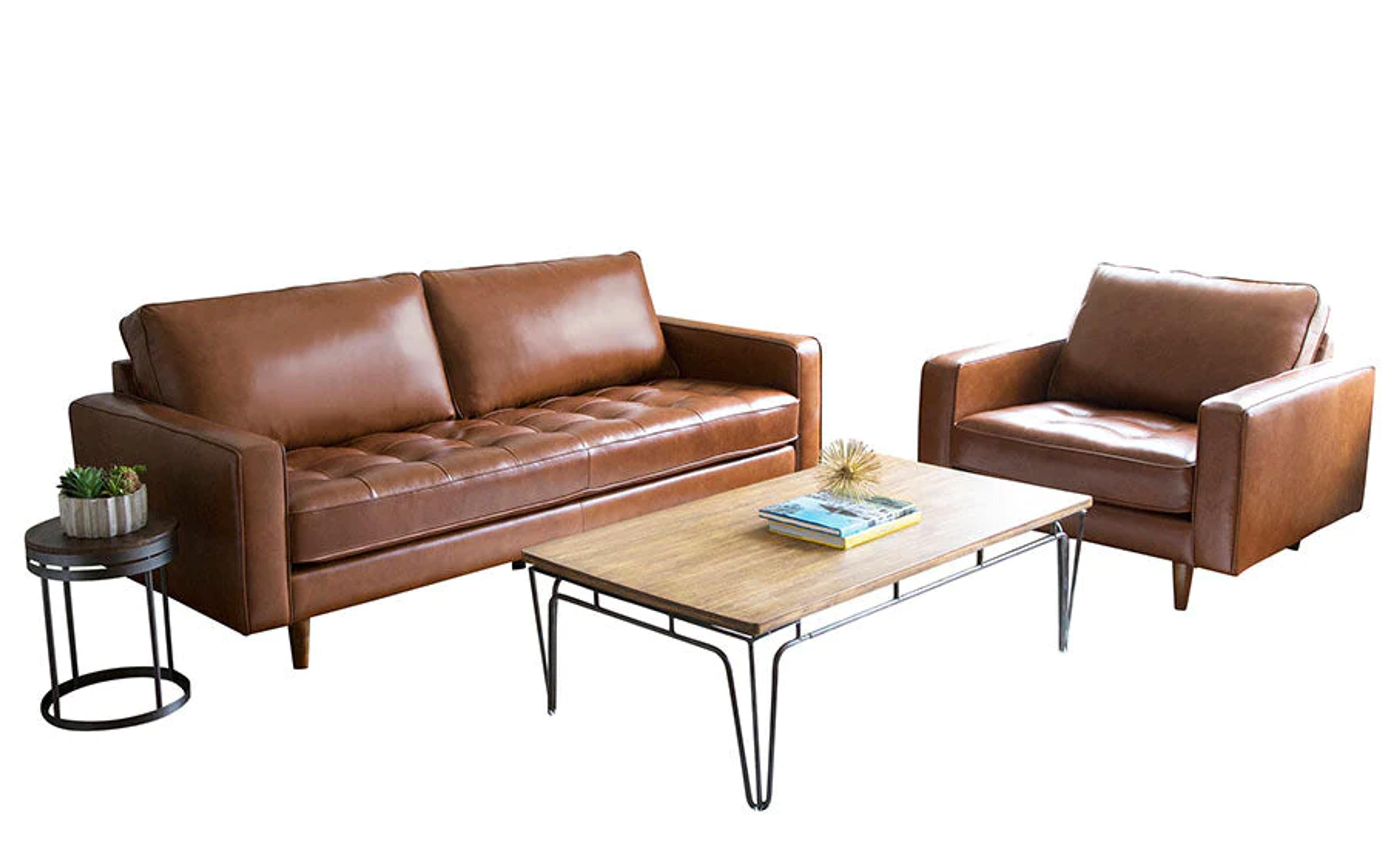 Holloway Mid-Century Leather Sofa and Armchair Set