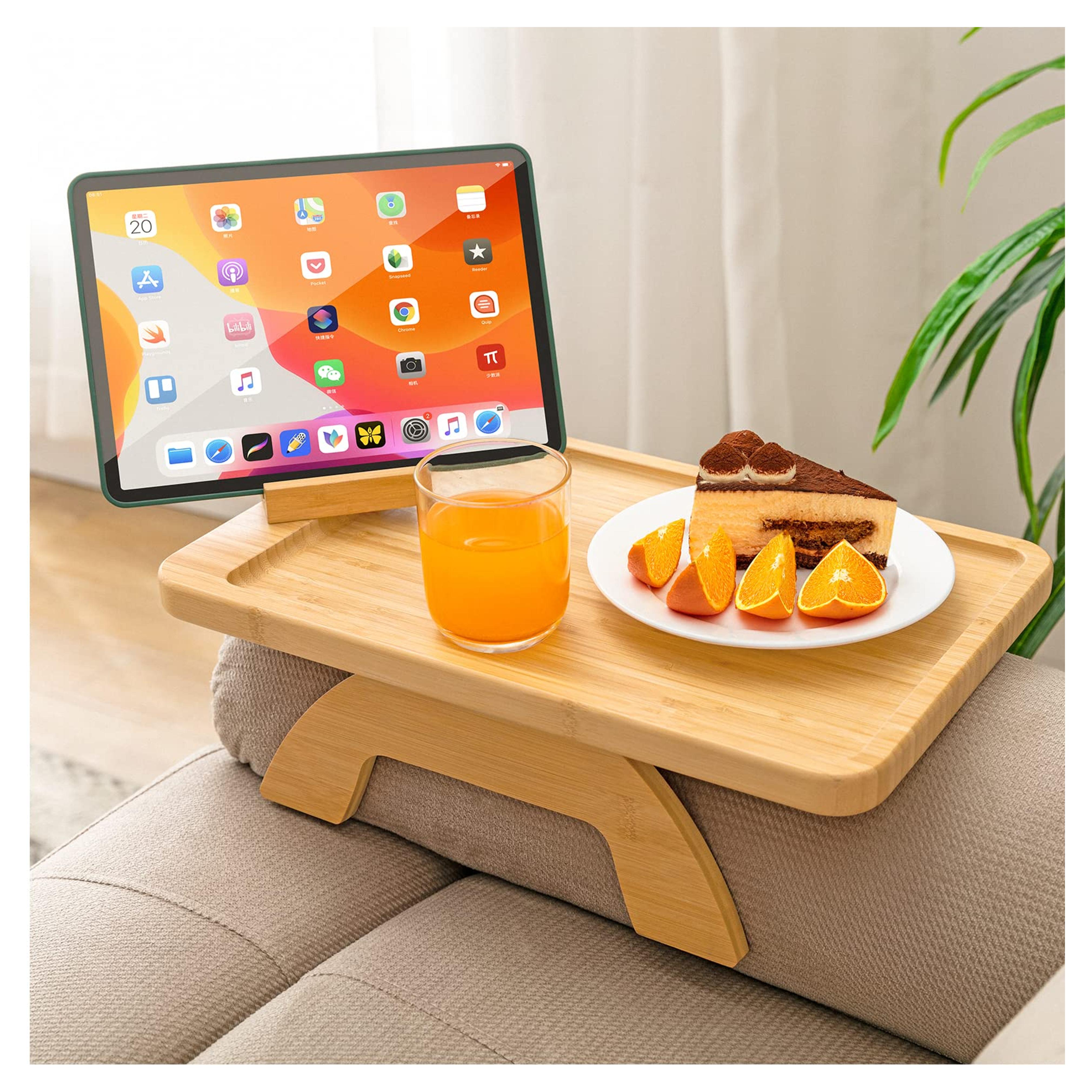 SINWANT Bamboo Sofa Clip on Side Table for Wide Couches Arm, Foldable Couch Tray with 360° Rotating Phone Holder, Armrest Table for Eating/Drinks/Snacks/Remote/Control