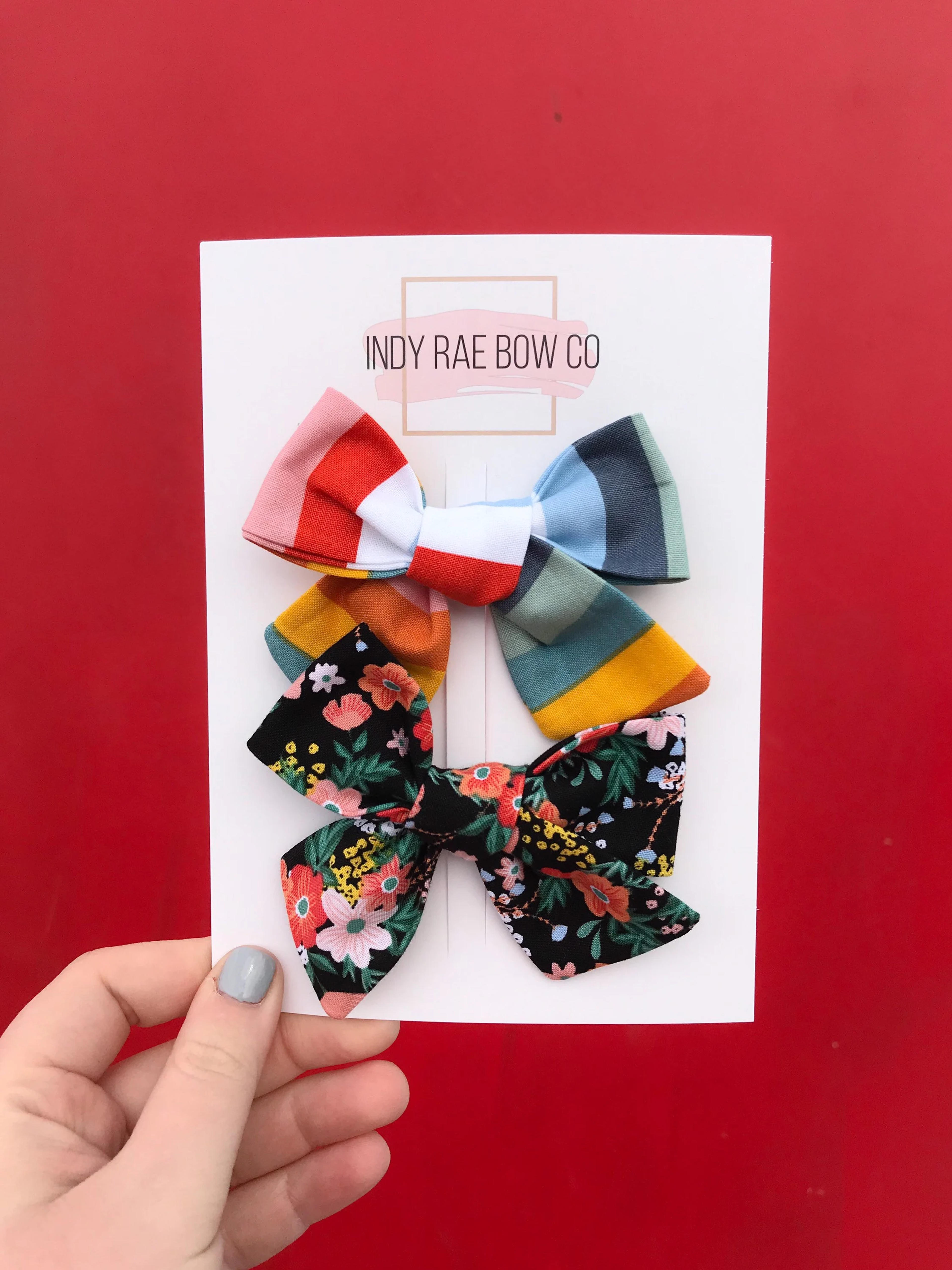 Rainbow Stripe and Black Floral Bow Set