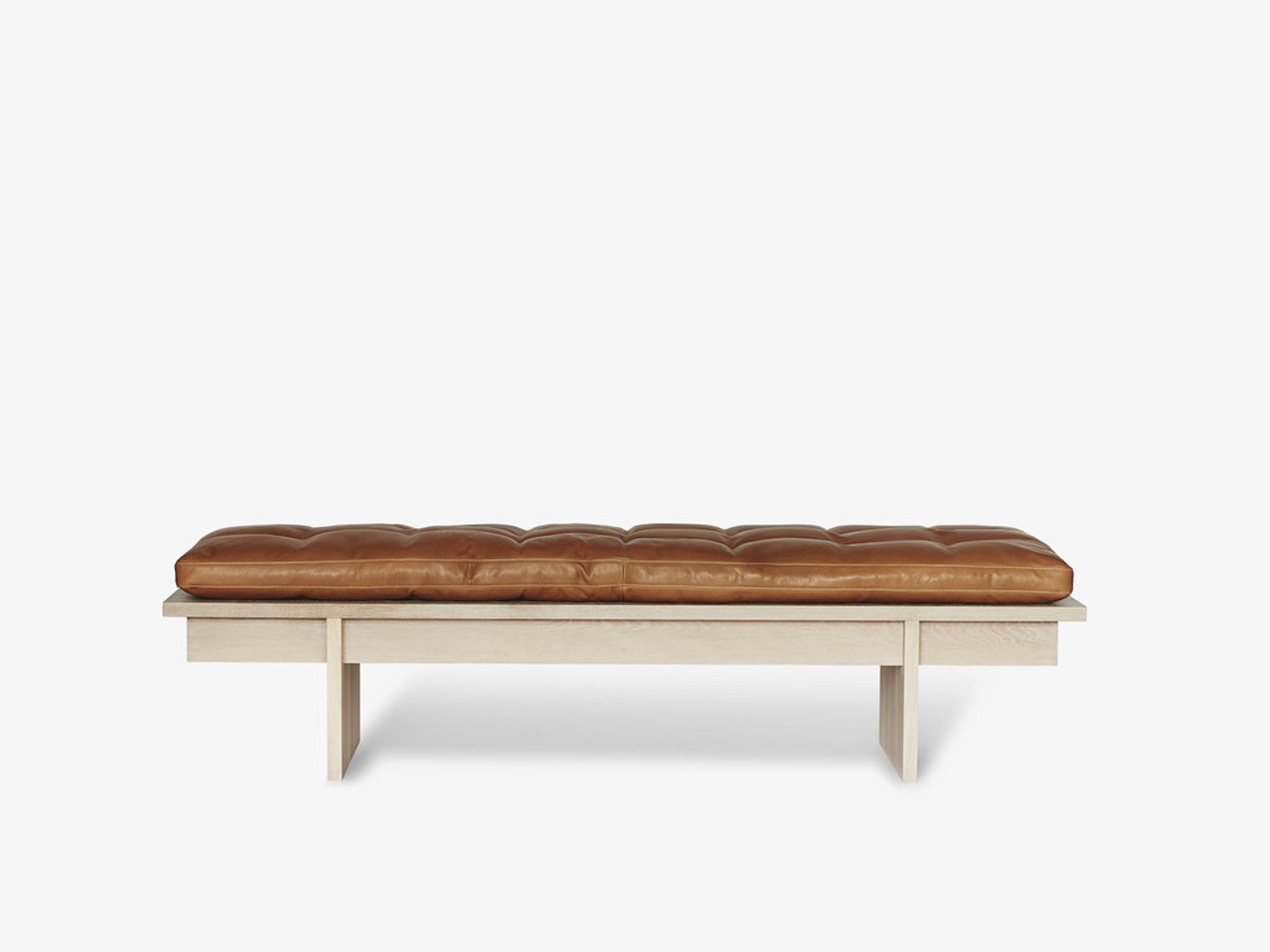 Thom Fougere Daybed, solid white oak frame, white pigmented oil finish with cognac leather mattress - Mjölk