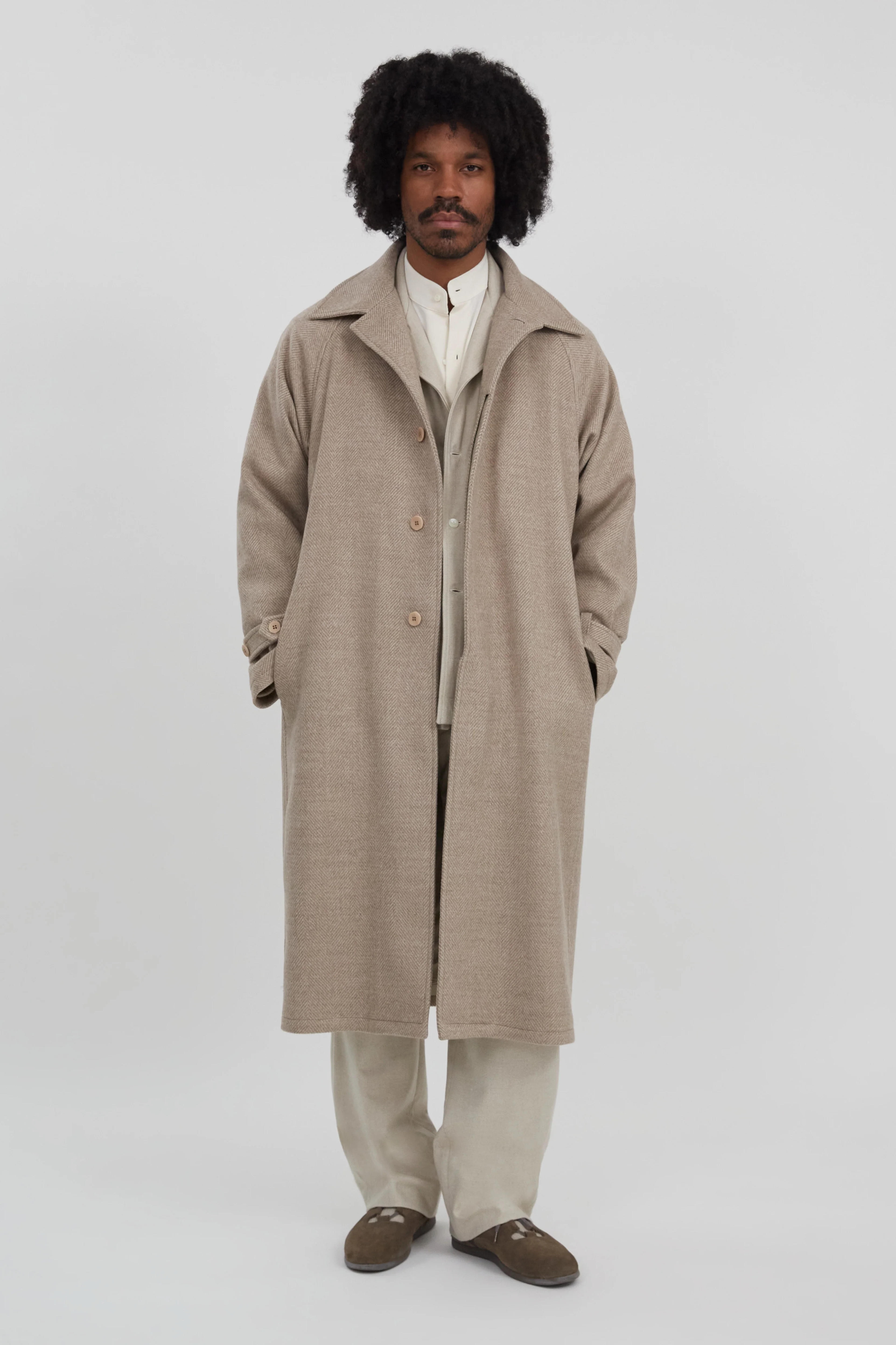 Raglan Coat (Sand Natural Wool Herringbone) - Stoffa