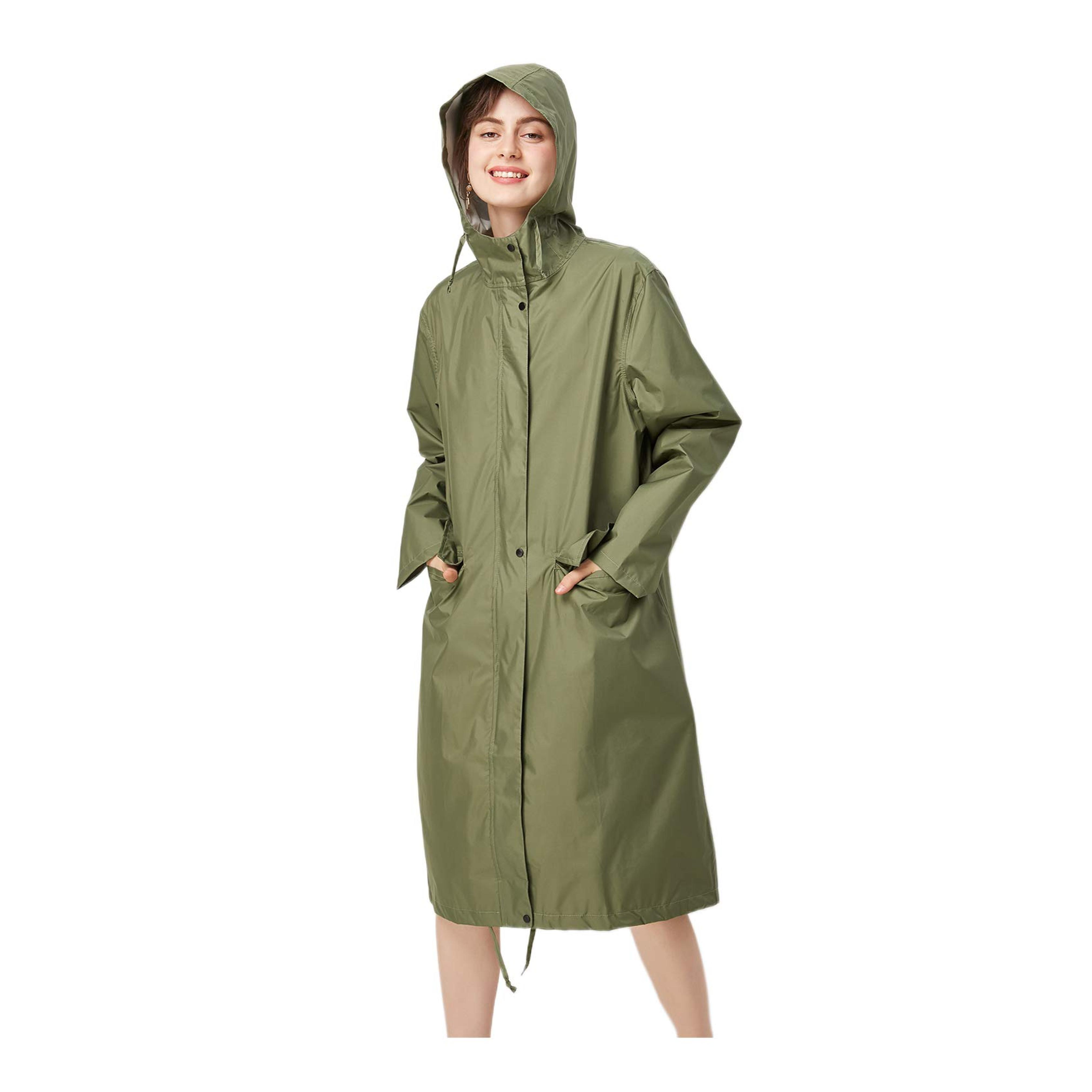 Womens Stylish Long Raincoat Rain Jacket with Hood Zipper Button and Pockets Muti Colors Polka Dots (A Army Green, XL)