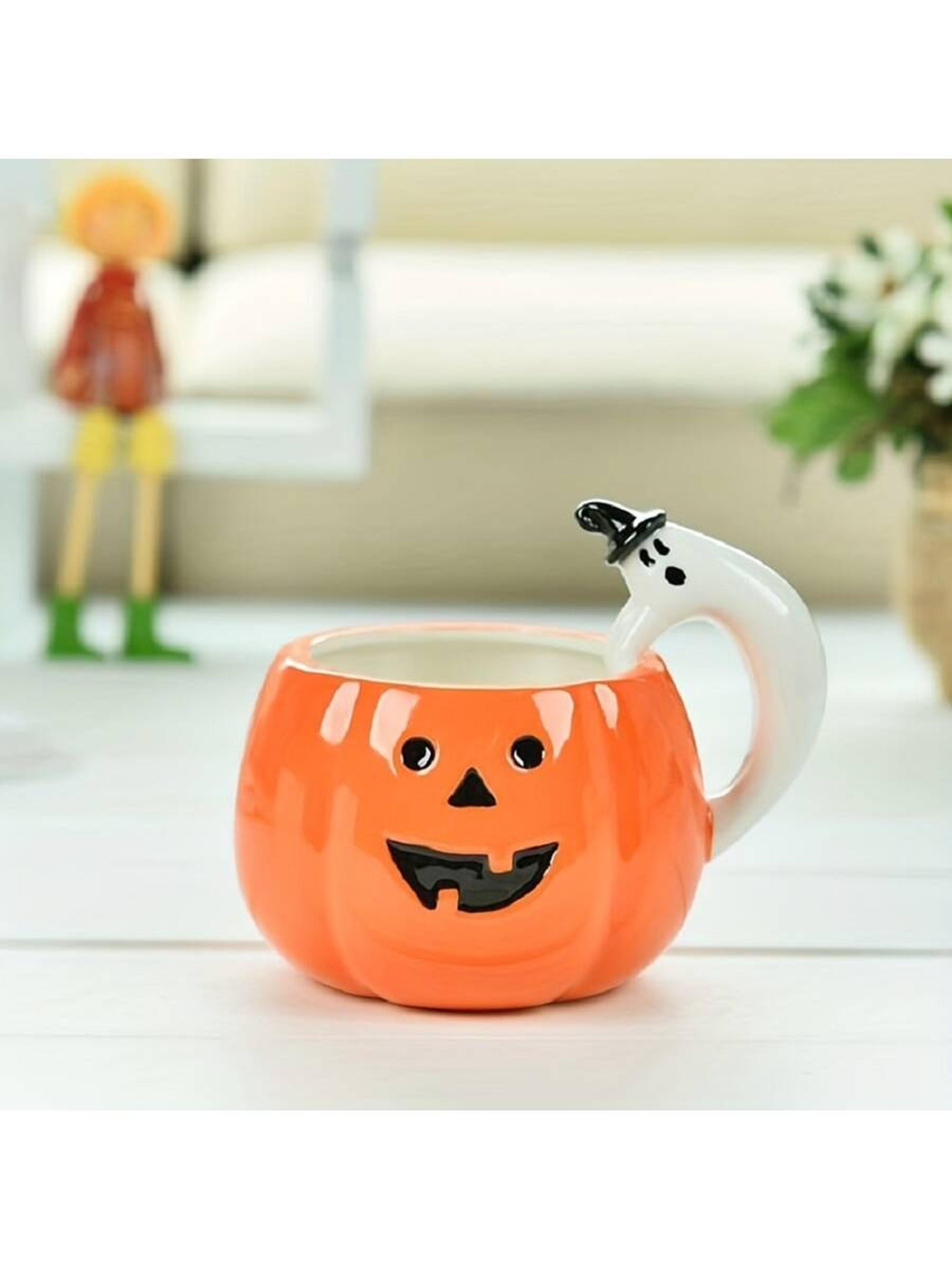 Halloween Pumpkin Shaped Ceramic Mug, With Ghost Handle, For Milk And Coffee, Breakfast Oatmeal Mug, Halloween Decoration Gift, Home Office Drinkware 350ml/11.8oz