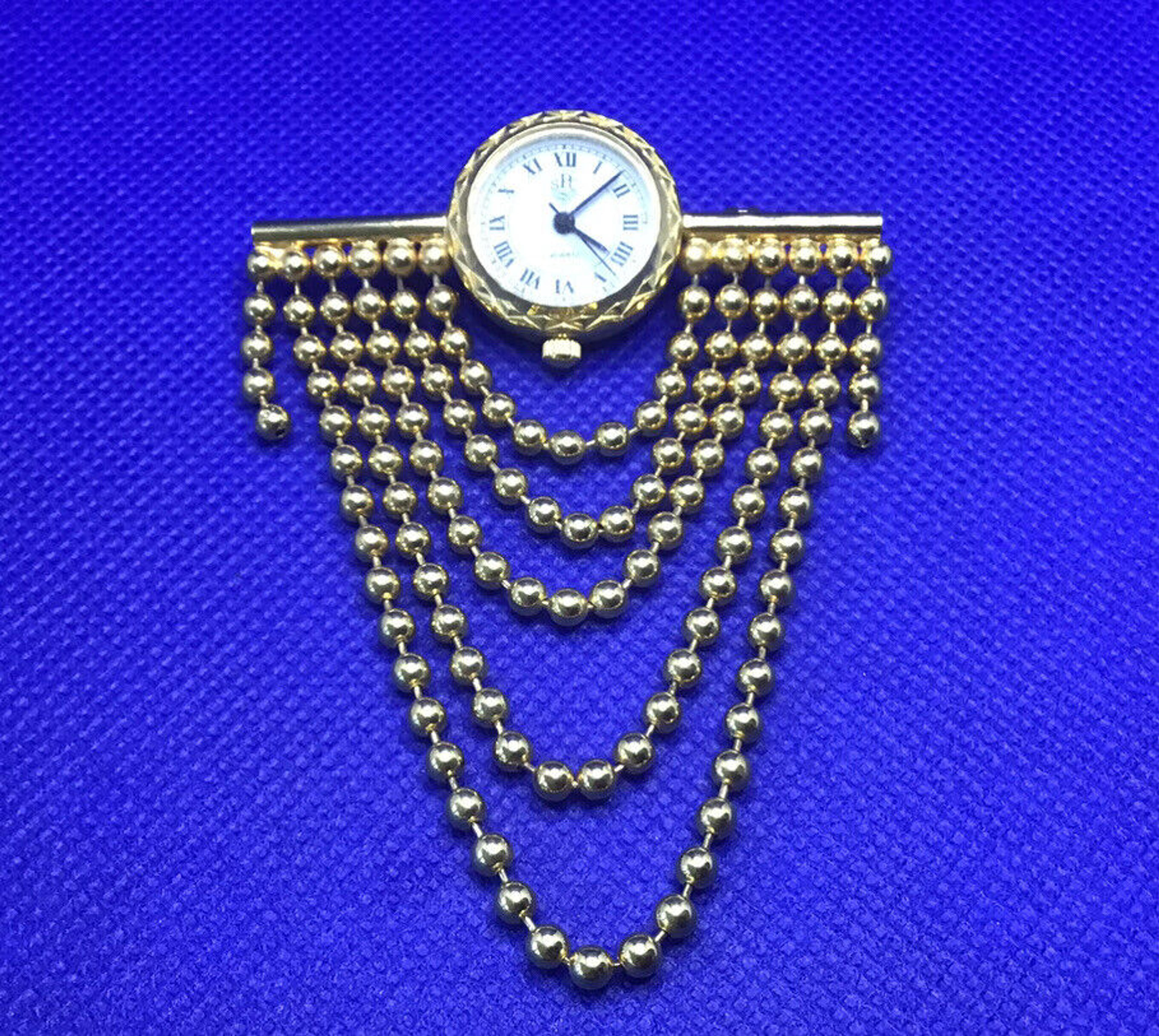 Paris Sports Club Watch Brooch Gold Tone with Chain Rare Vintage