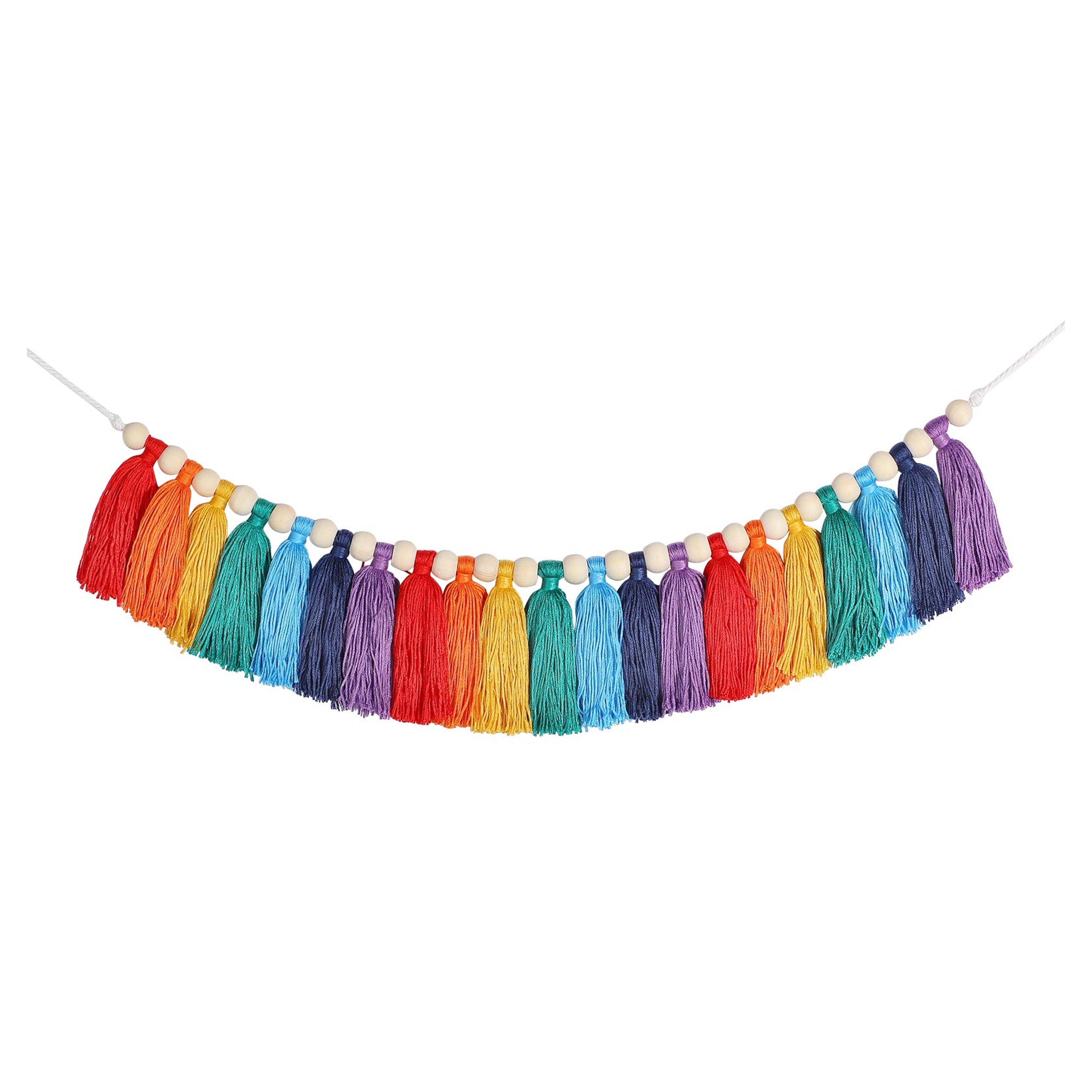 82 Inch Rainbow Tassel Garland for Classroom Decor Boho Tassel Garland Wall Hanging Colorful Tassel Banner with Wood Beads for Fiesta Birthday Party Nursery Classroom Home Decor (Rainbow)