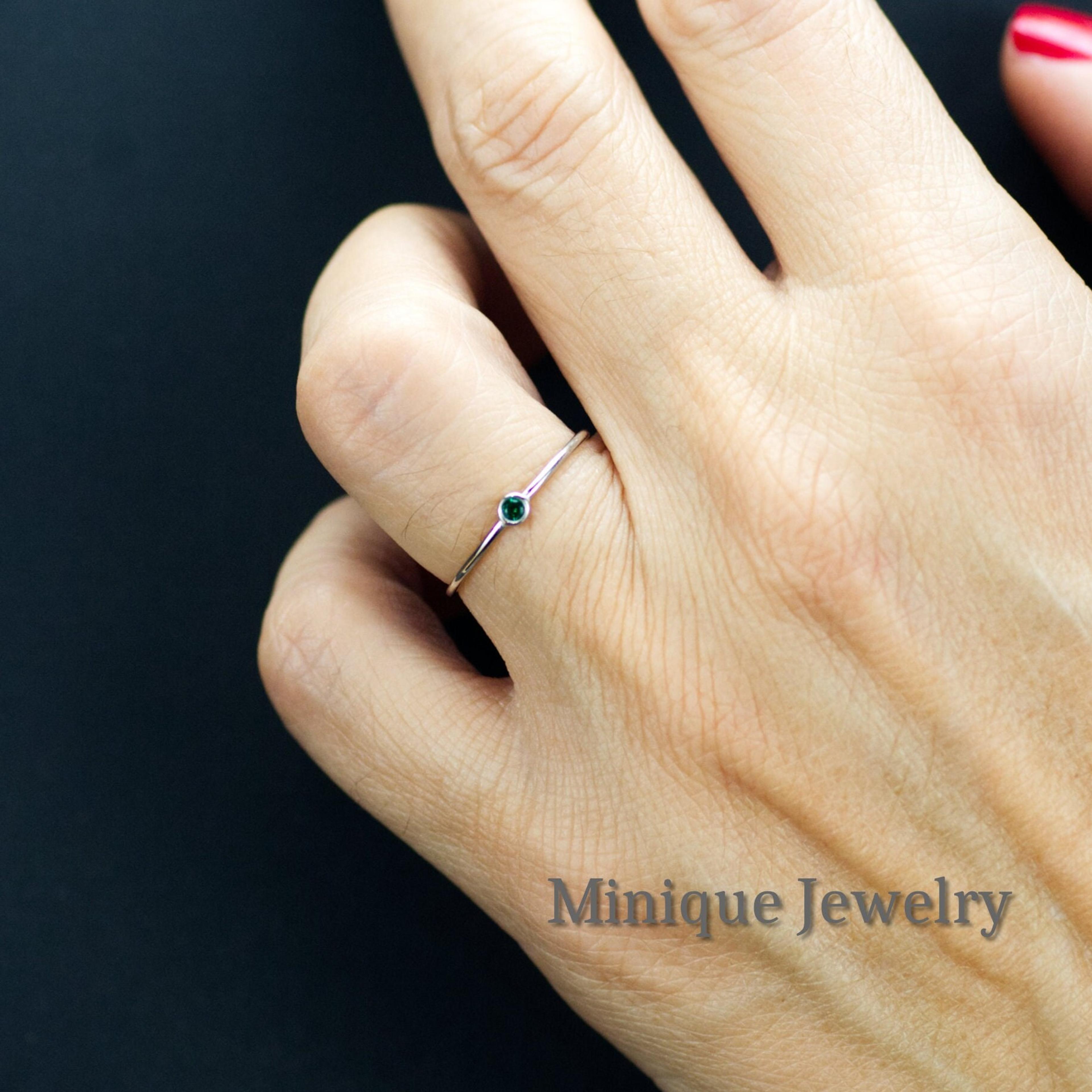 Tiny Birthstone ring. Minimalist Sterling Silver Ring. May, Emerald Birthstone. Personalized Ultra Thin Stack Rings. Dainty Christmas Gift.