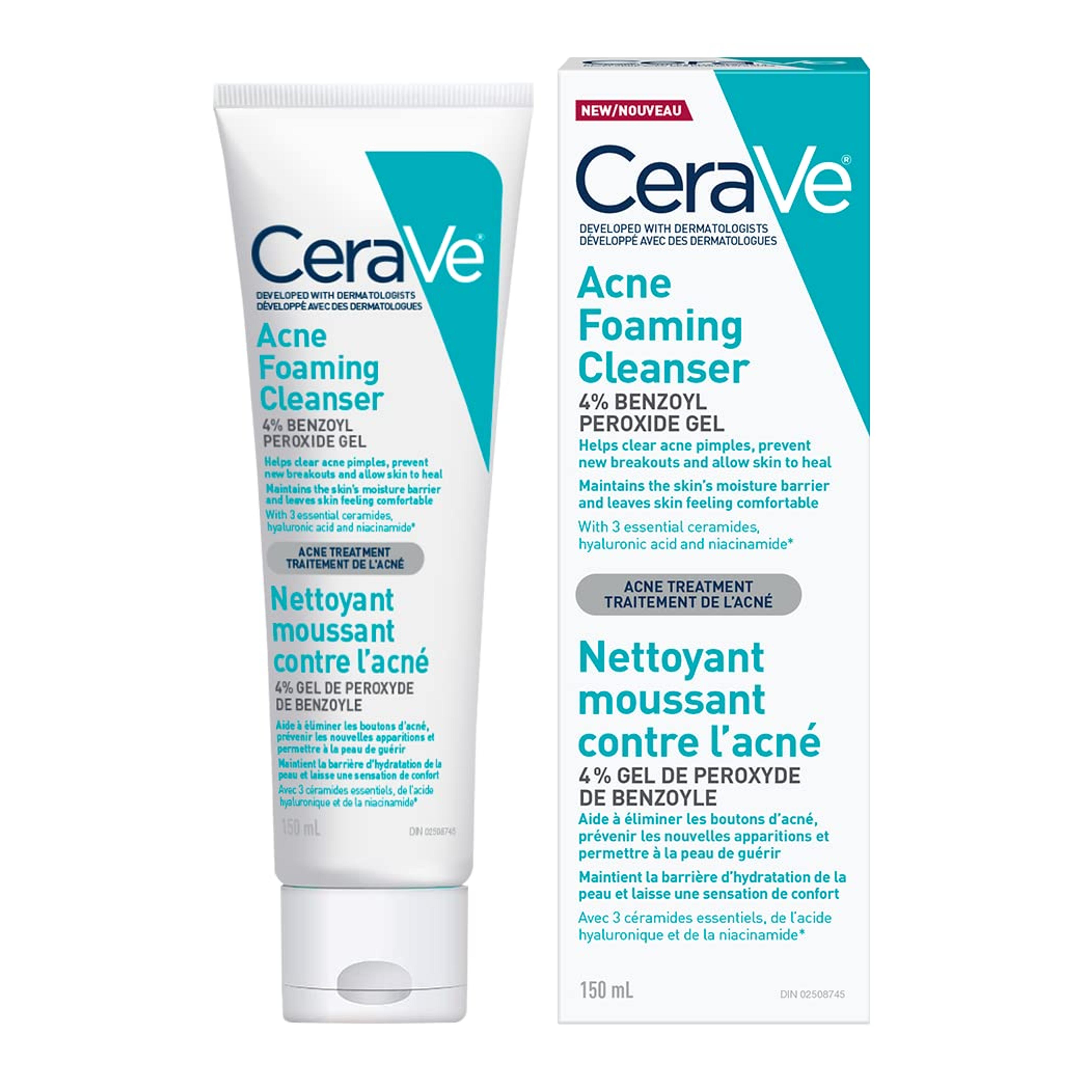 Amazon.com: CeraVe 4% Benzoyl Peroxide ACNE Treatment Foaming Cleanser Face & Body Wash, with Hyaluronic Acid and Niacinamide. Helps Clear Acne Pimples and prevent breakouts. Gentle Gel, Fragrance-Free, 150ML : Beauty & Personal Care