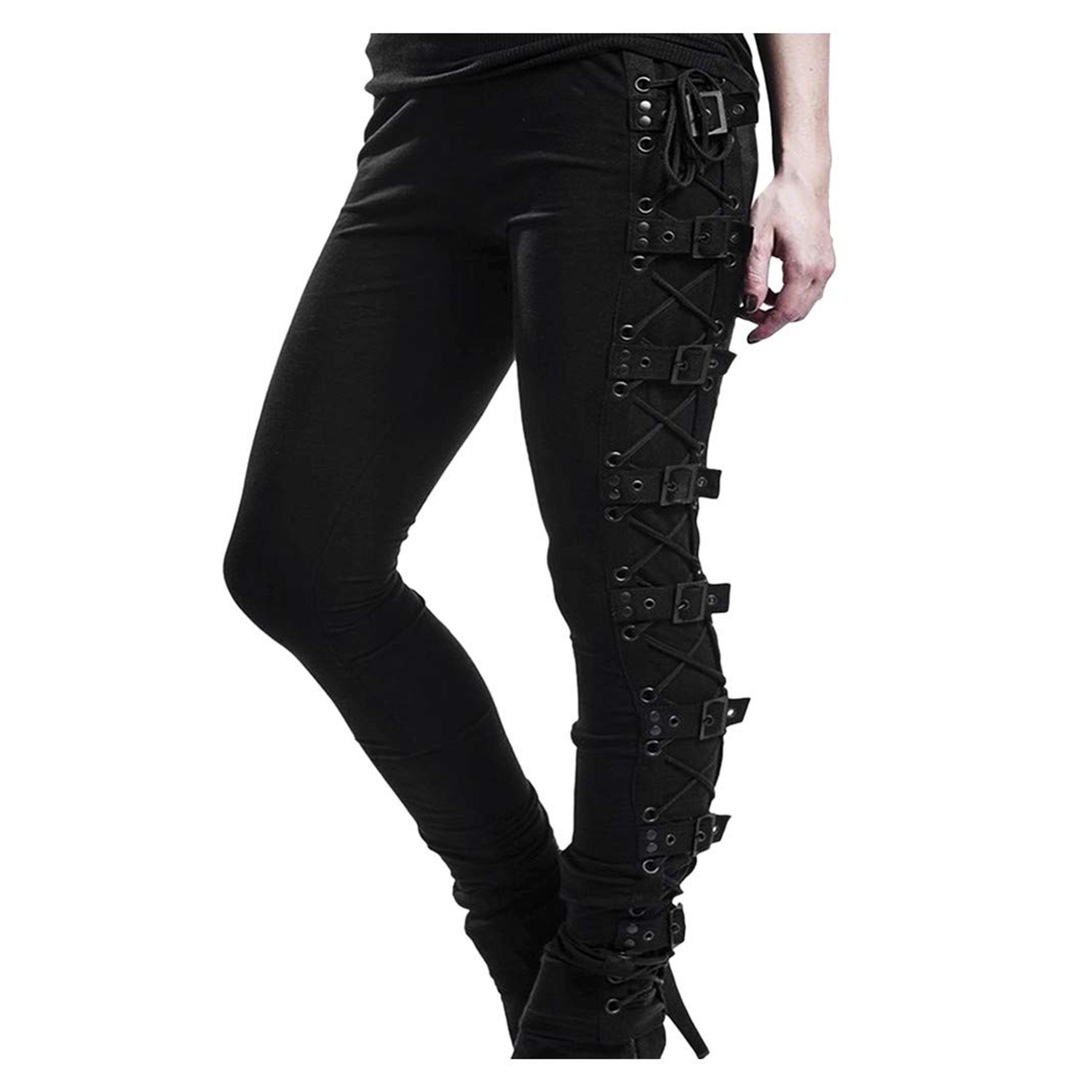 Plus Size Womens Pants Gothic Criss Cross Lace Up Buckle Strap Skinny Leggings Steampunk Ladies Trouser