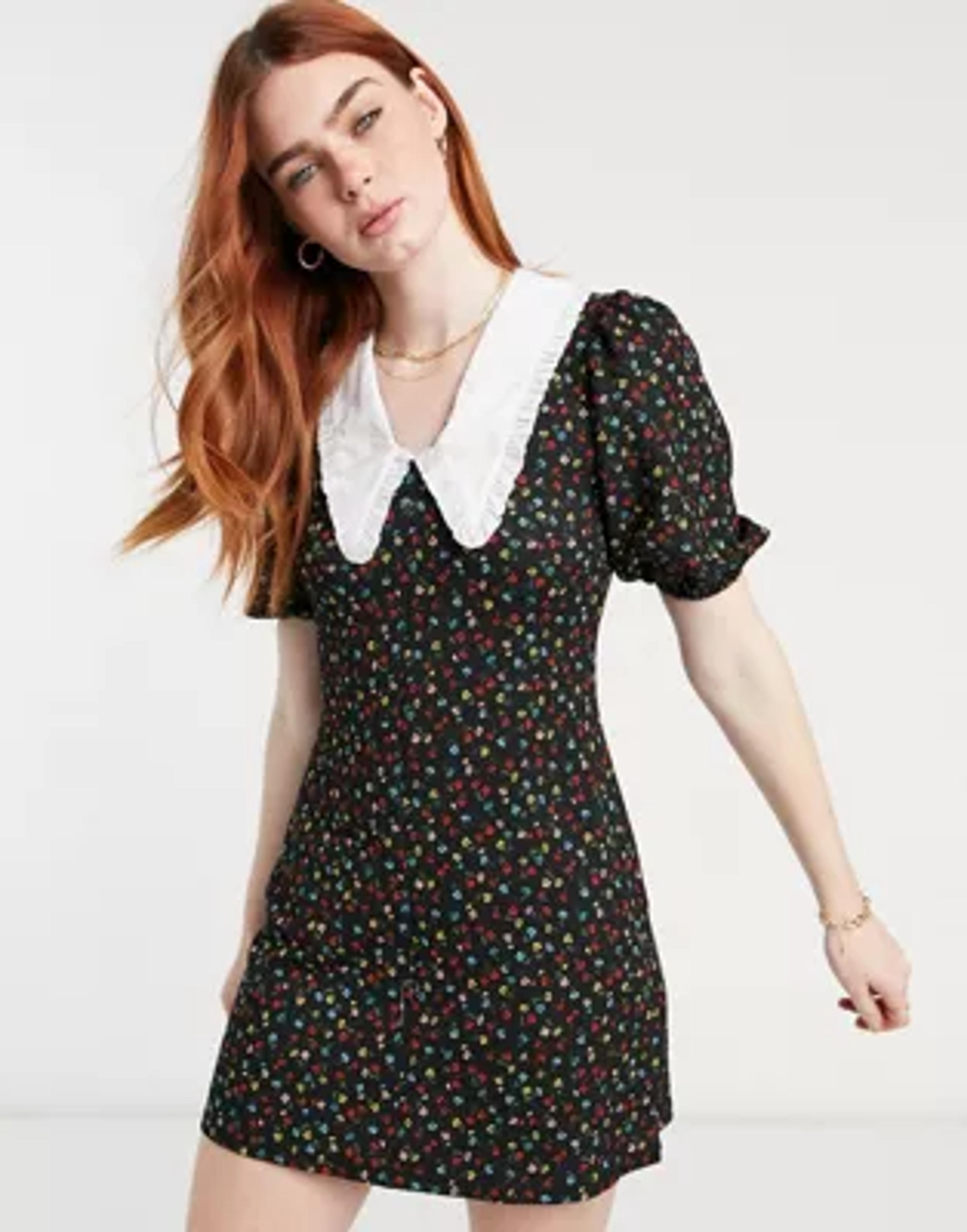 Miss Selfridge fit and flared dress with collar in floral | ASOS