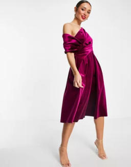 ASOS DESIGN velvet bare shoulder prom midi dress in berry | ASOS