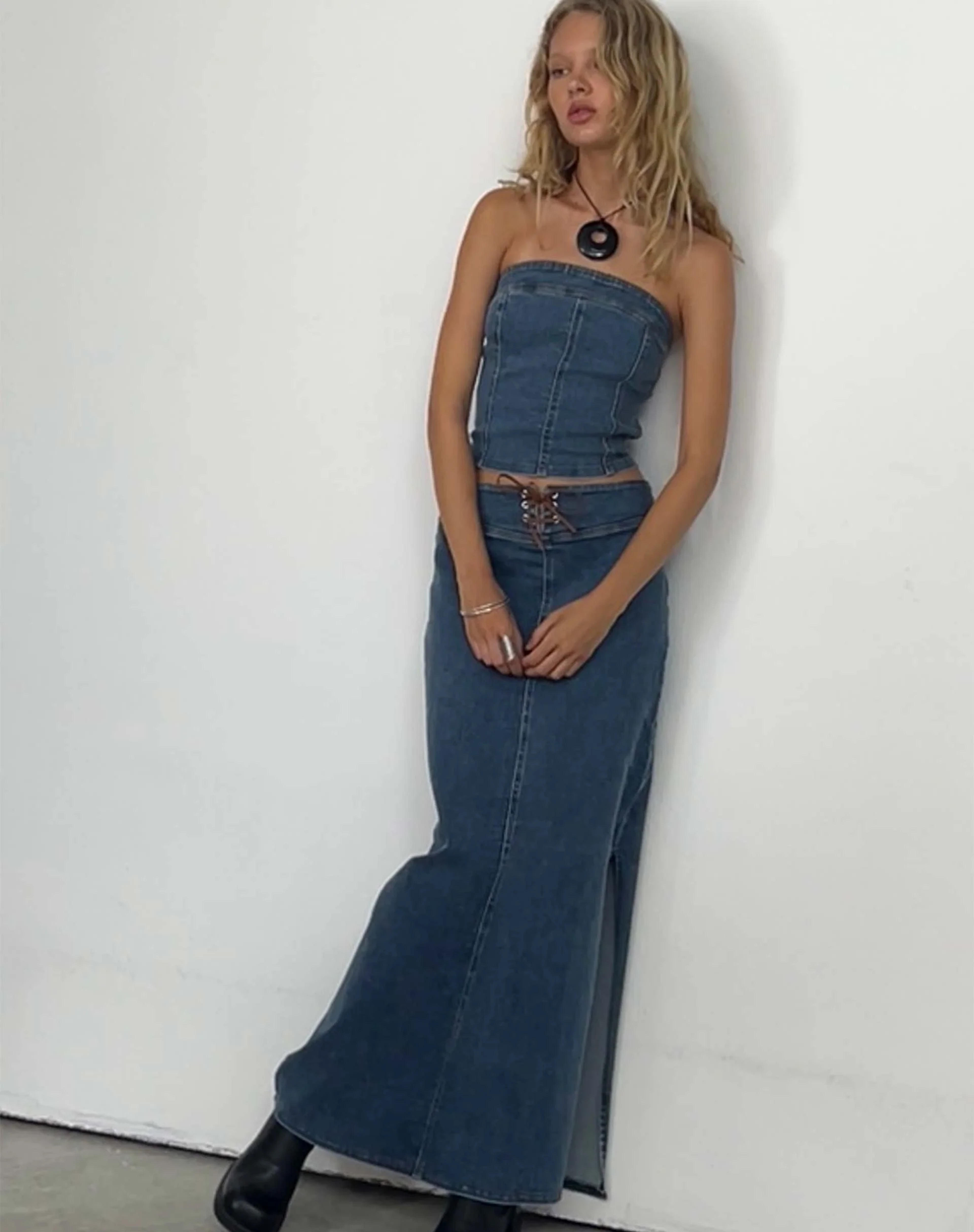 Lafille Denim Maxi Skirt in Blue Wash - S