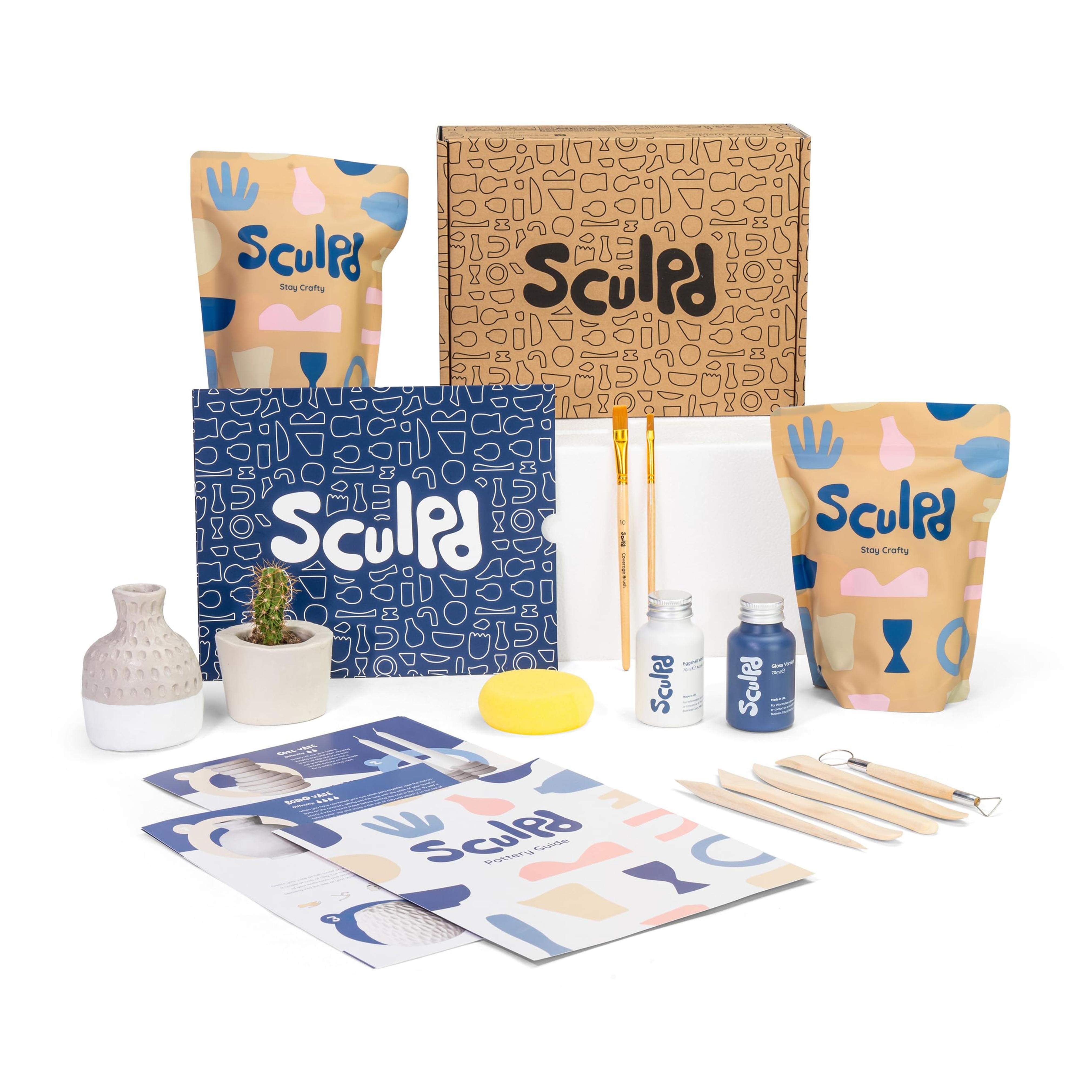 Sculpd Pottery Kit, Air Dry Clay Starter Kit for Beginners with Gloss Varnish, Pottery Kit for Two Includes Paint, Tool Set, Paintbrushes, Sponge and Step-by-Step Guide, Air Drying Clay Kit for Adults