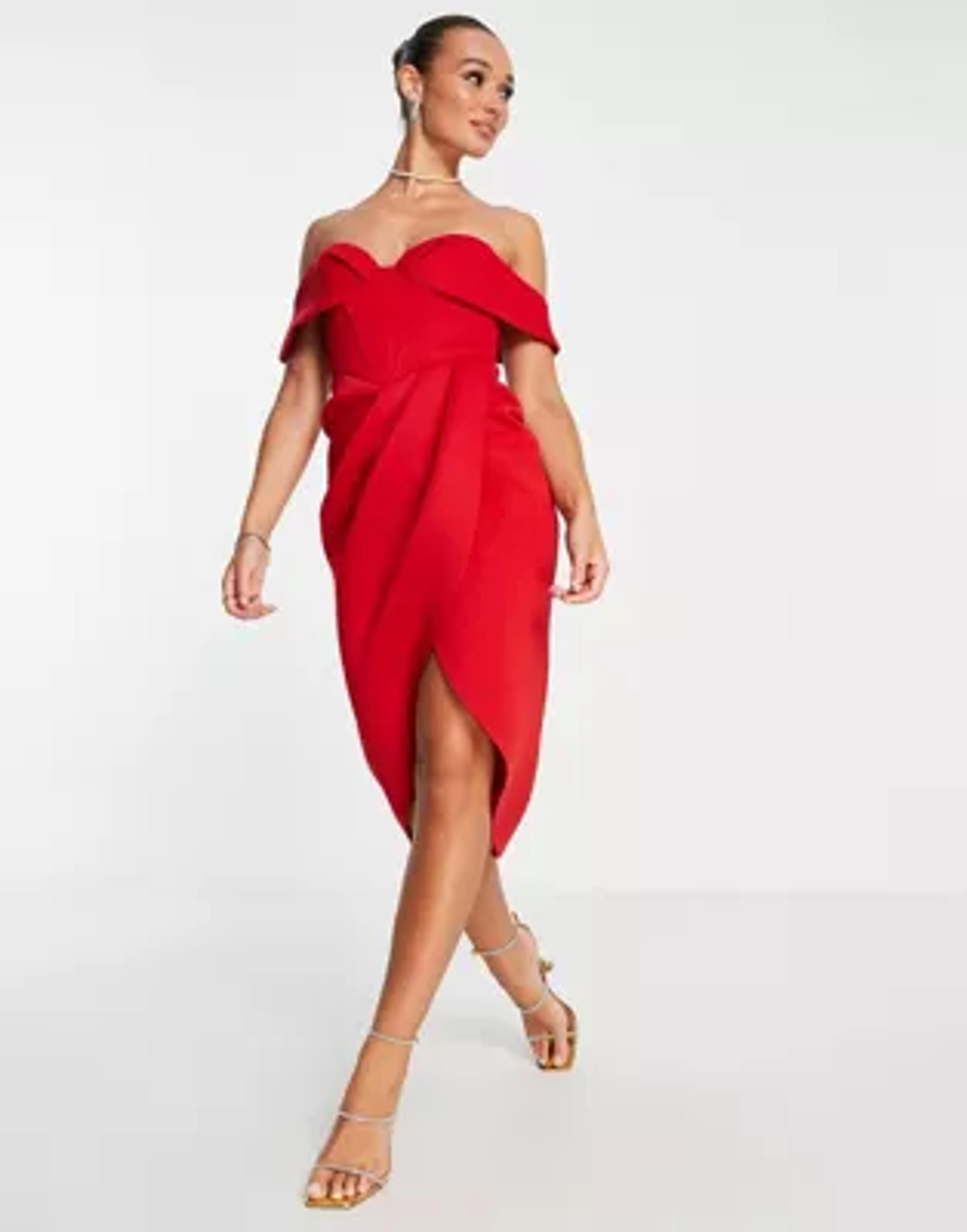 ASOS DESIGN off shoulder corset midi dress in red | ASOS