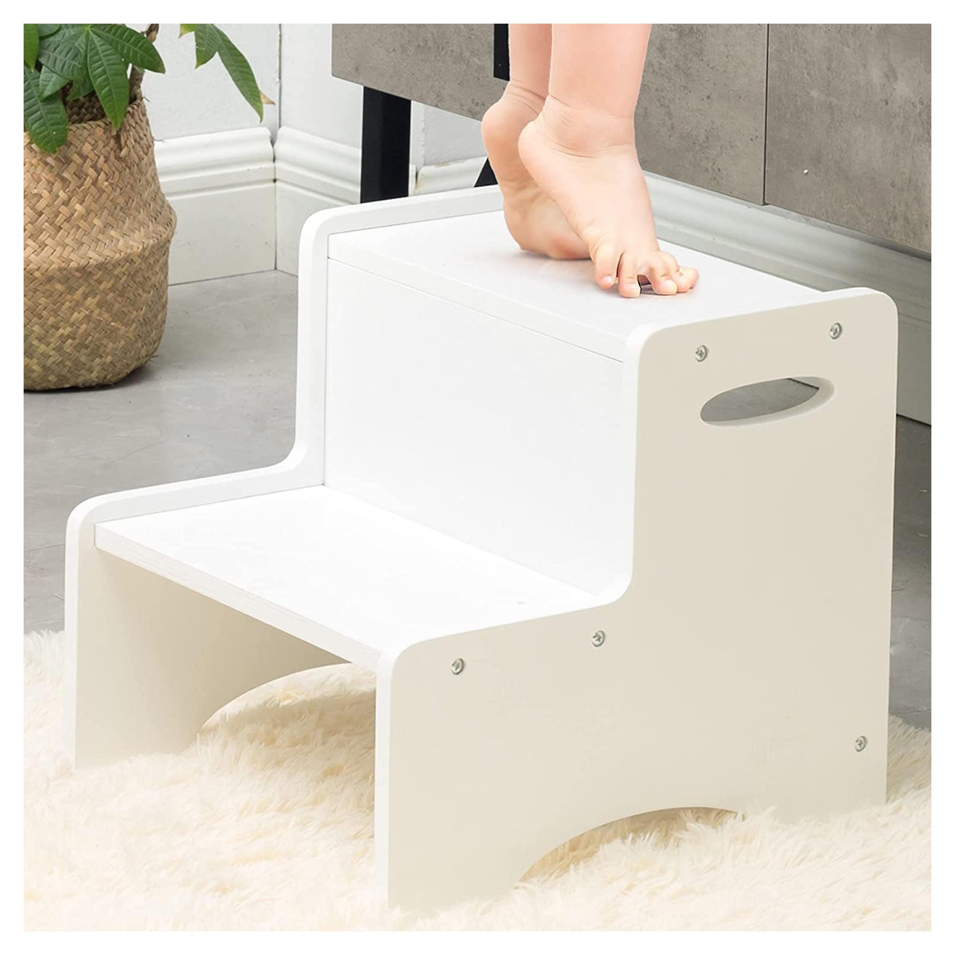 WOOD CITY Wooden Toddler Step Stool for Kids, White Two Step Children's Stool with Handles, Bonus Non-Slip Pads for Safety, Bathroom Potty Stool & Kitchen Step Stools Dual Height