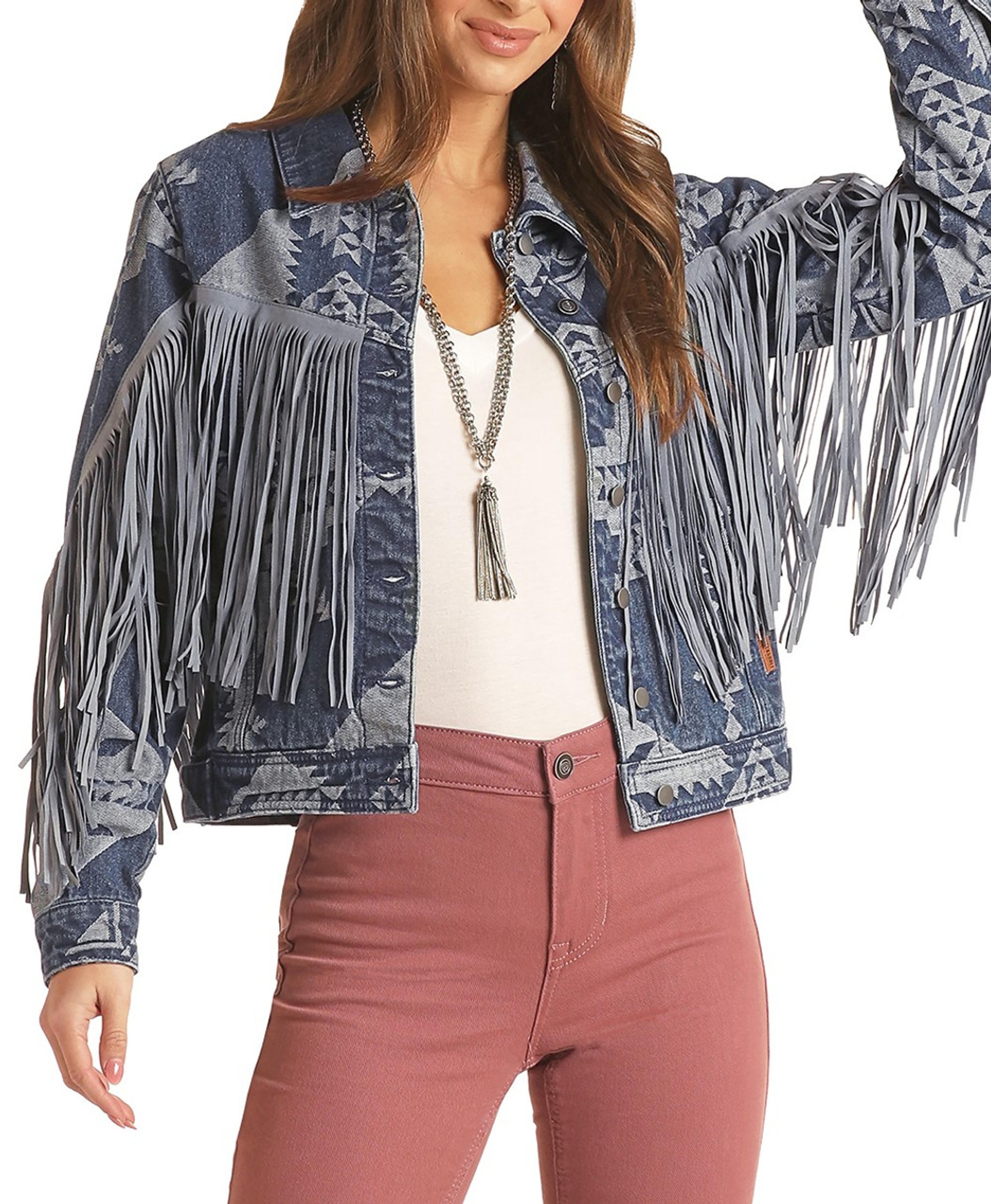 Women's Tonal Aztec Print Fringe Denim Jacket | Rock and Roll Denim