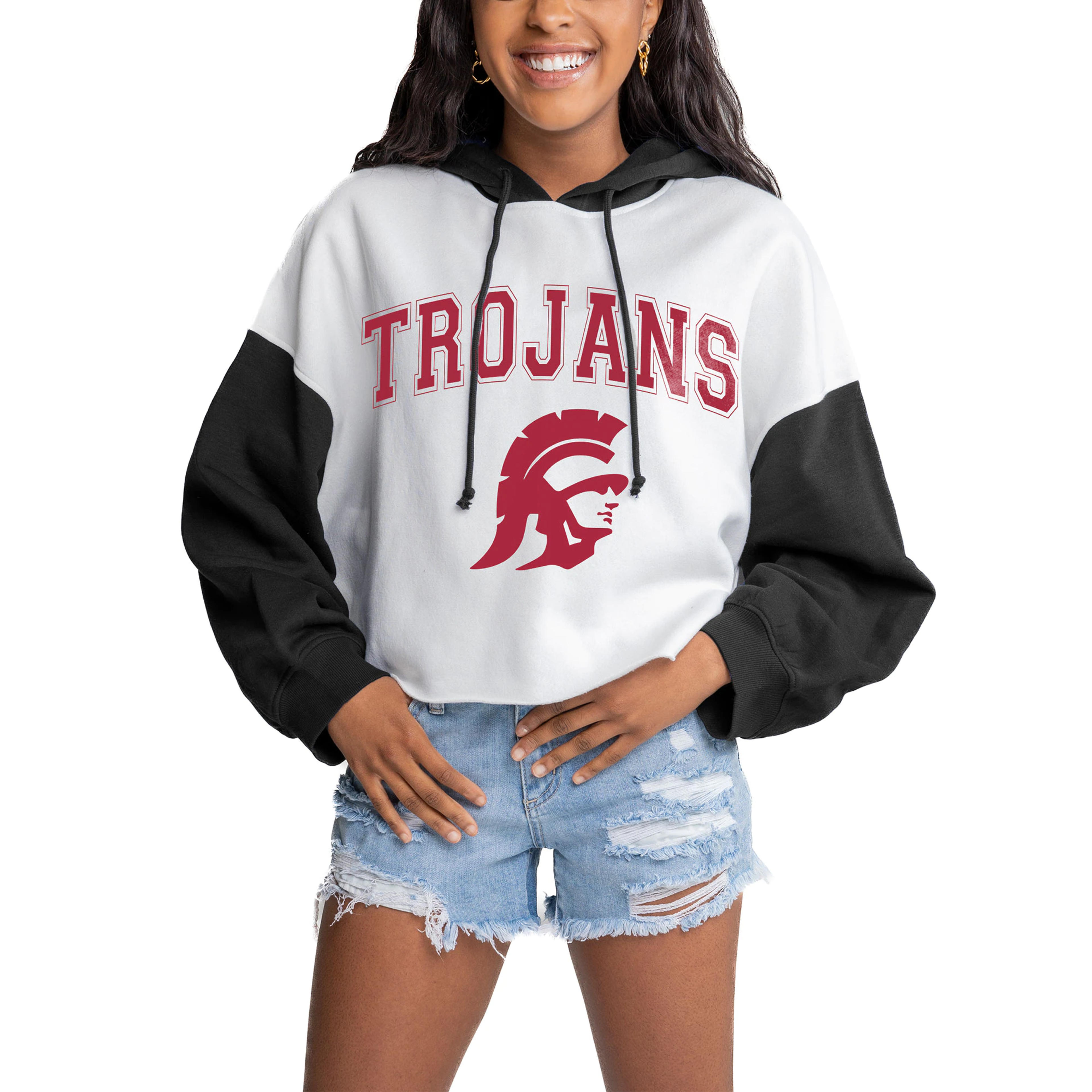 Women's Gameday Couture White/Black USC Trojans Good Time Color Block Cropped Hoodie