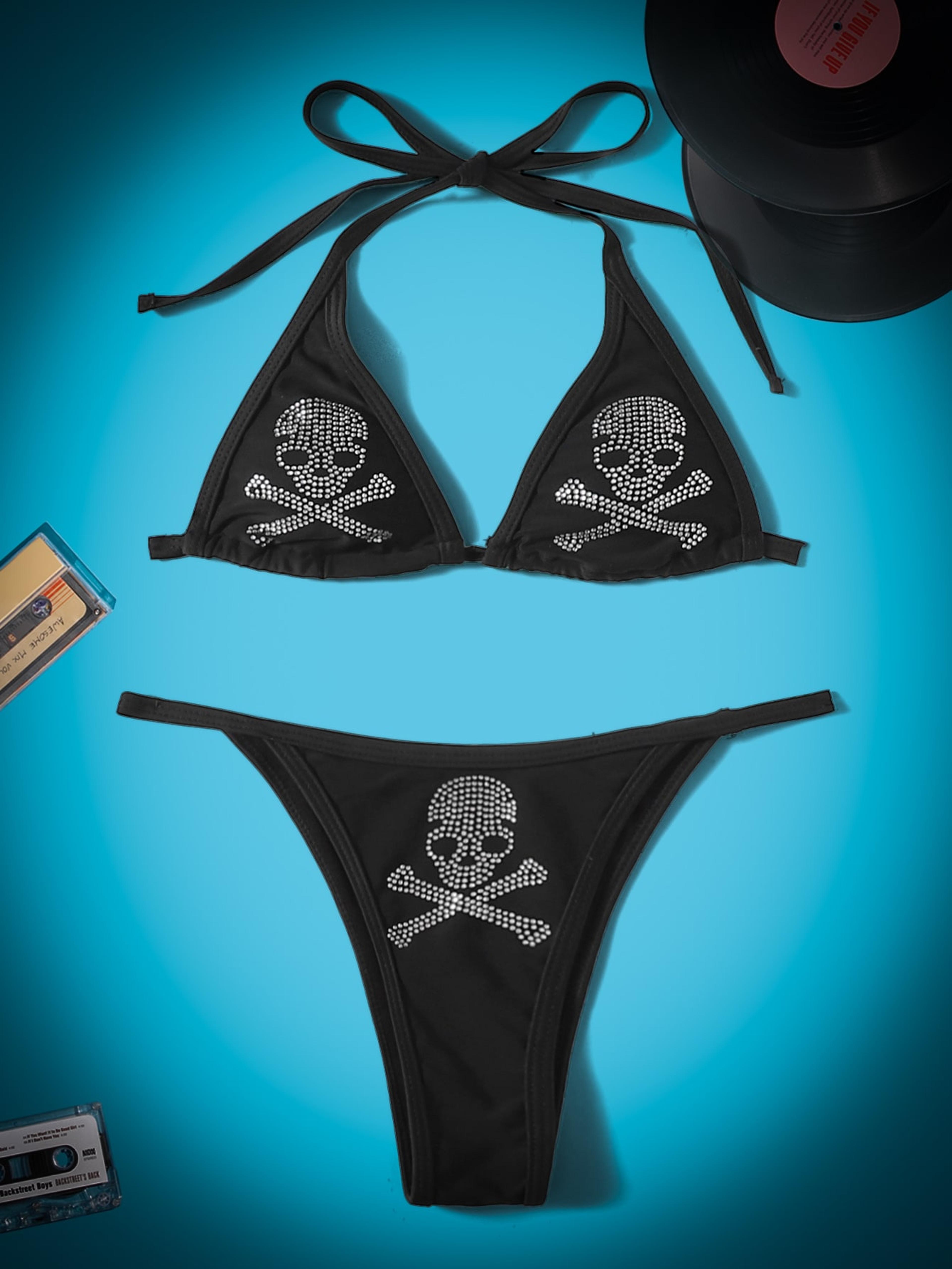 ROMWE Skull Pattern Triangle Thong Bikini Swimsuit