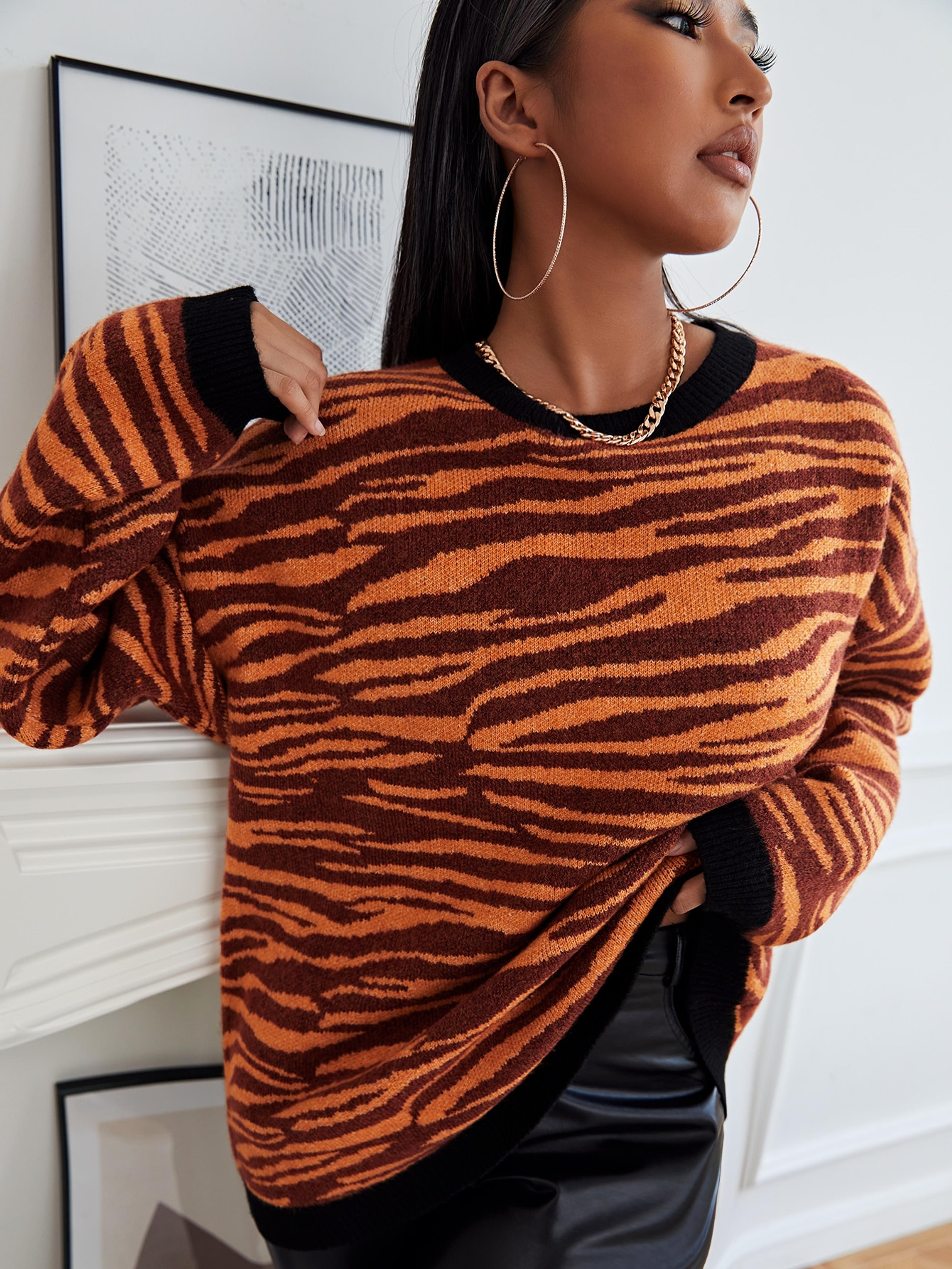 SHEIN Drop Shoulder Tiger Striped Pattern Sweater