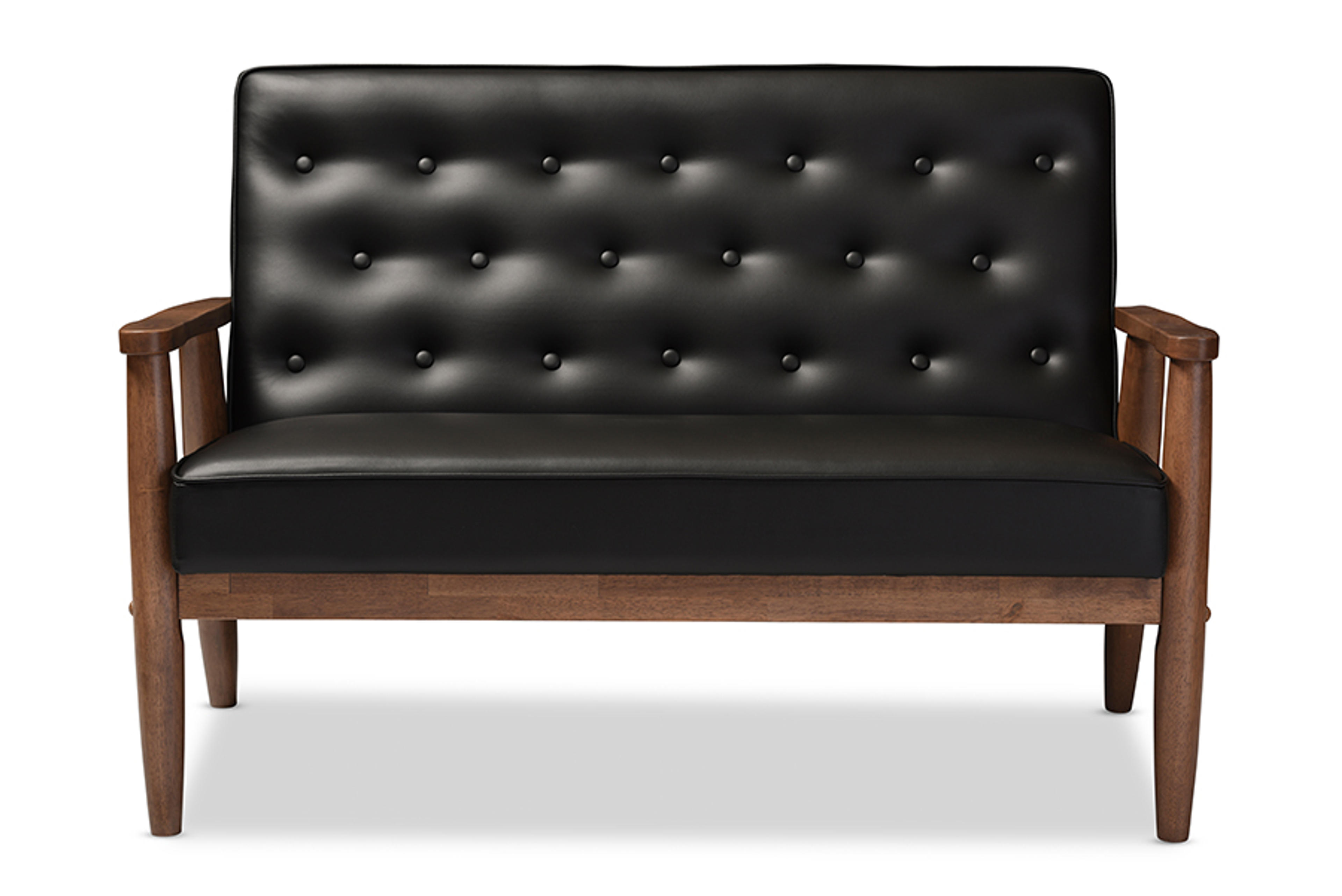 Baxton Studio Sorrento Mid-Century Retro Modern Black Faux Leather Upholstered Wooden 2-Seater Loveseat - 1StopBedrooms