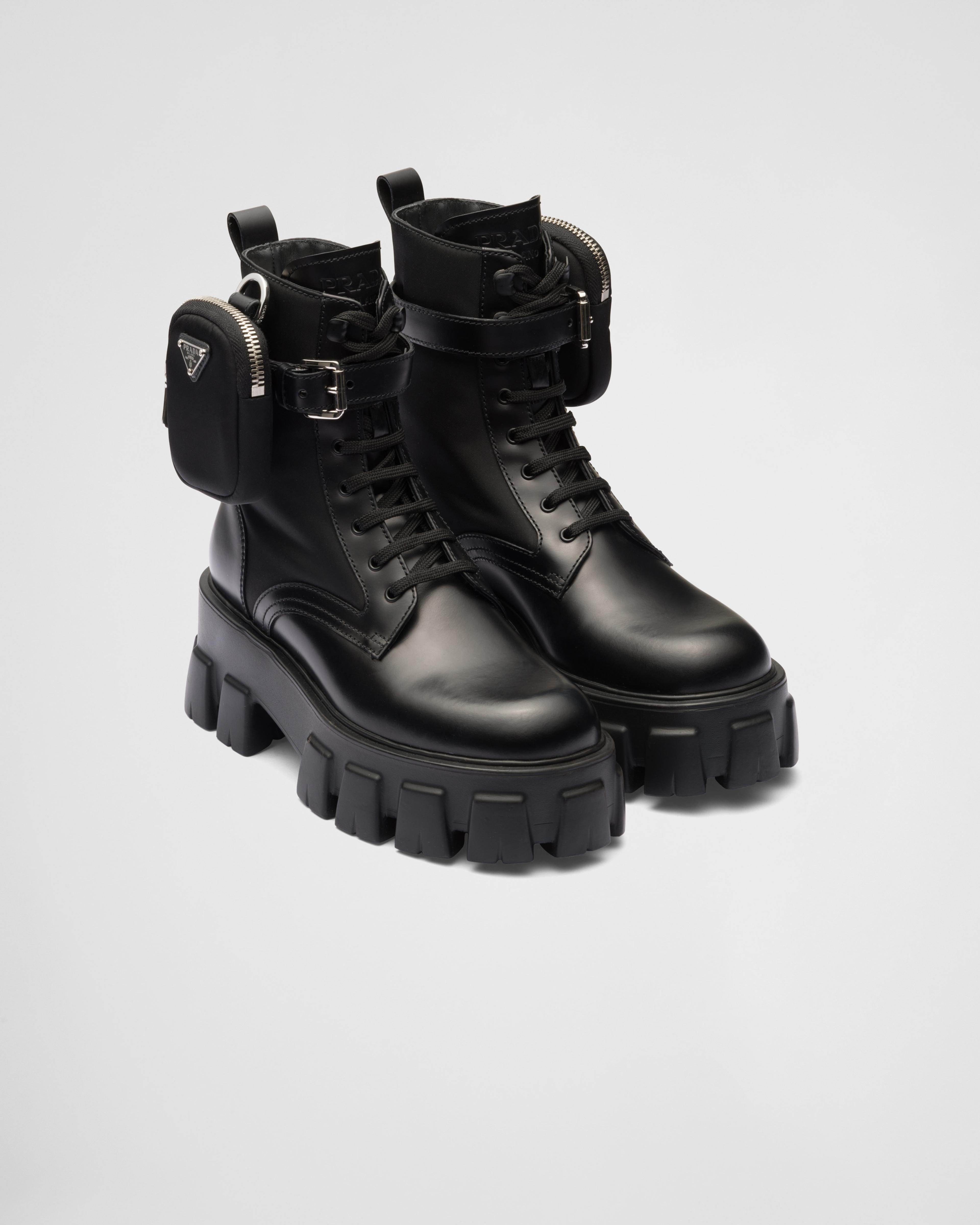 Black Monolith Leather And Re-nylon Boots With Pouch | PRADA