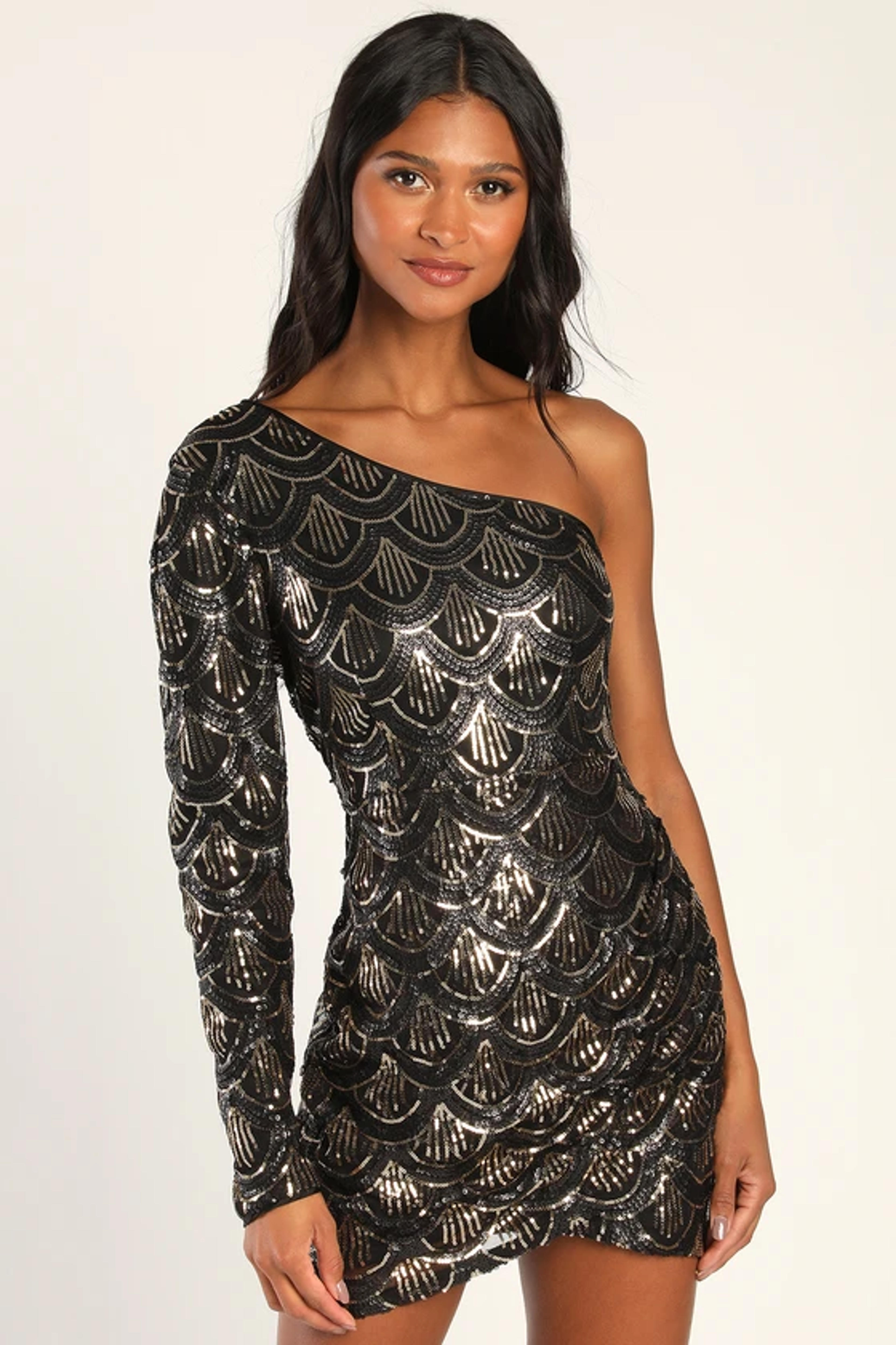 Black Sequin Mini Dress - Bodycon Dress - One-Shoulder Dress - Lulus