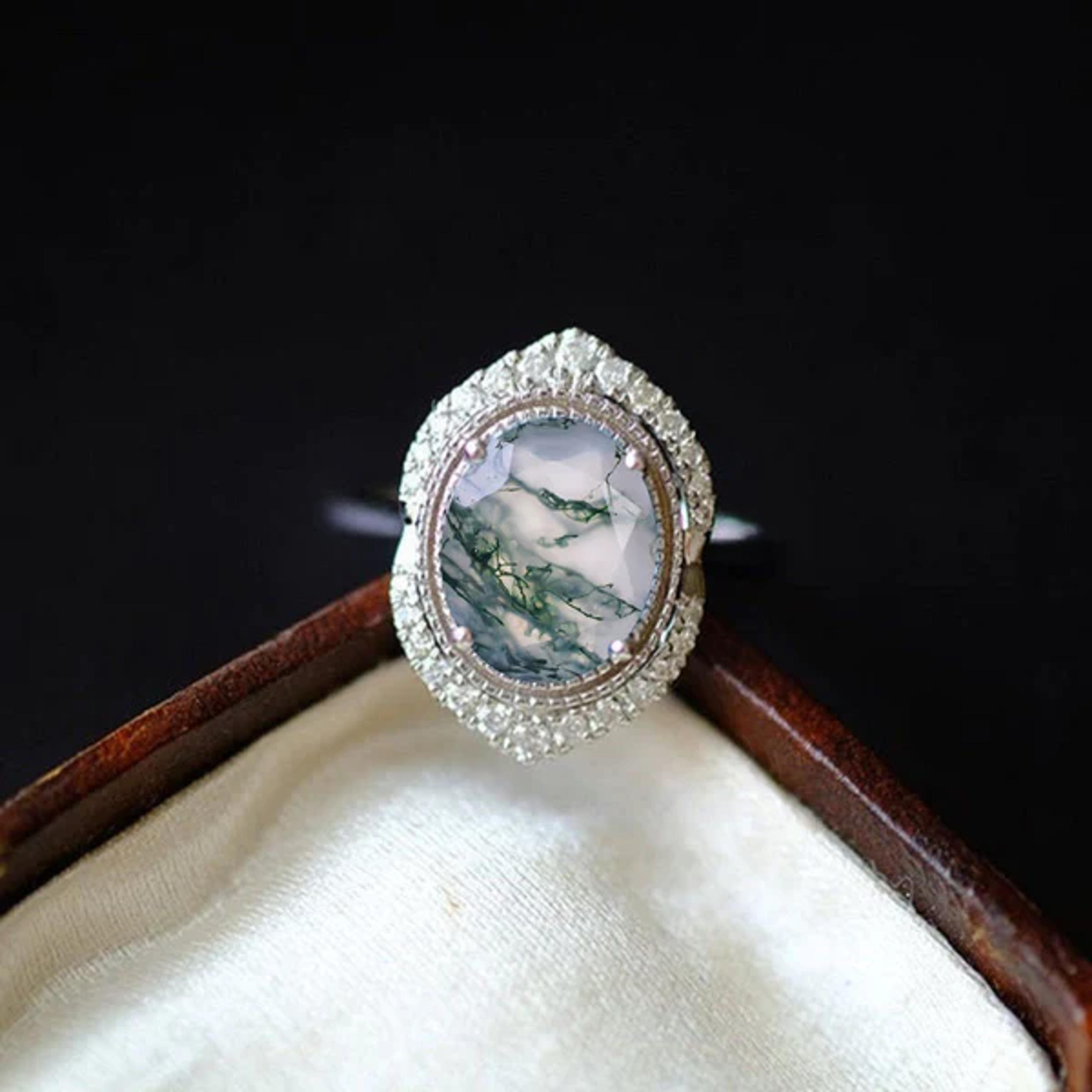 3Ct Oval cut Genuine Moss Agate ring, Moss Agate solitaire ring, natur - Giliarto