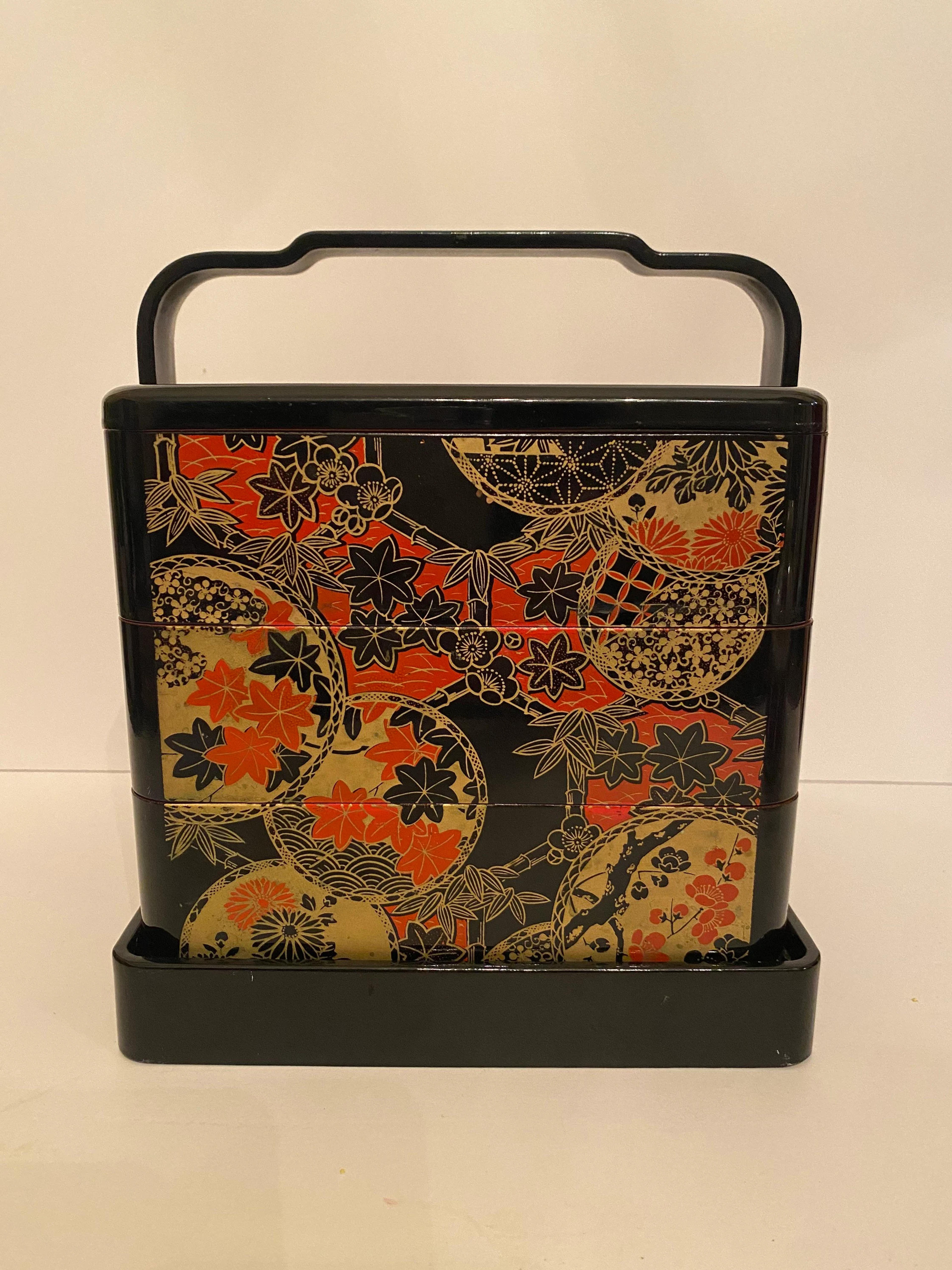 Vintage Japanese Lacquerware Stackable 3 Tiered Bento Box With