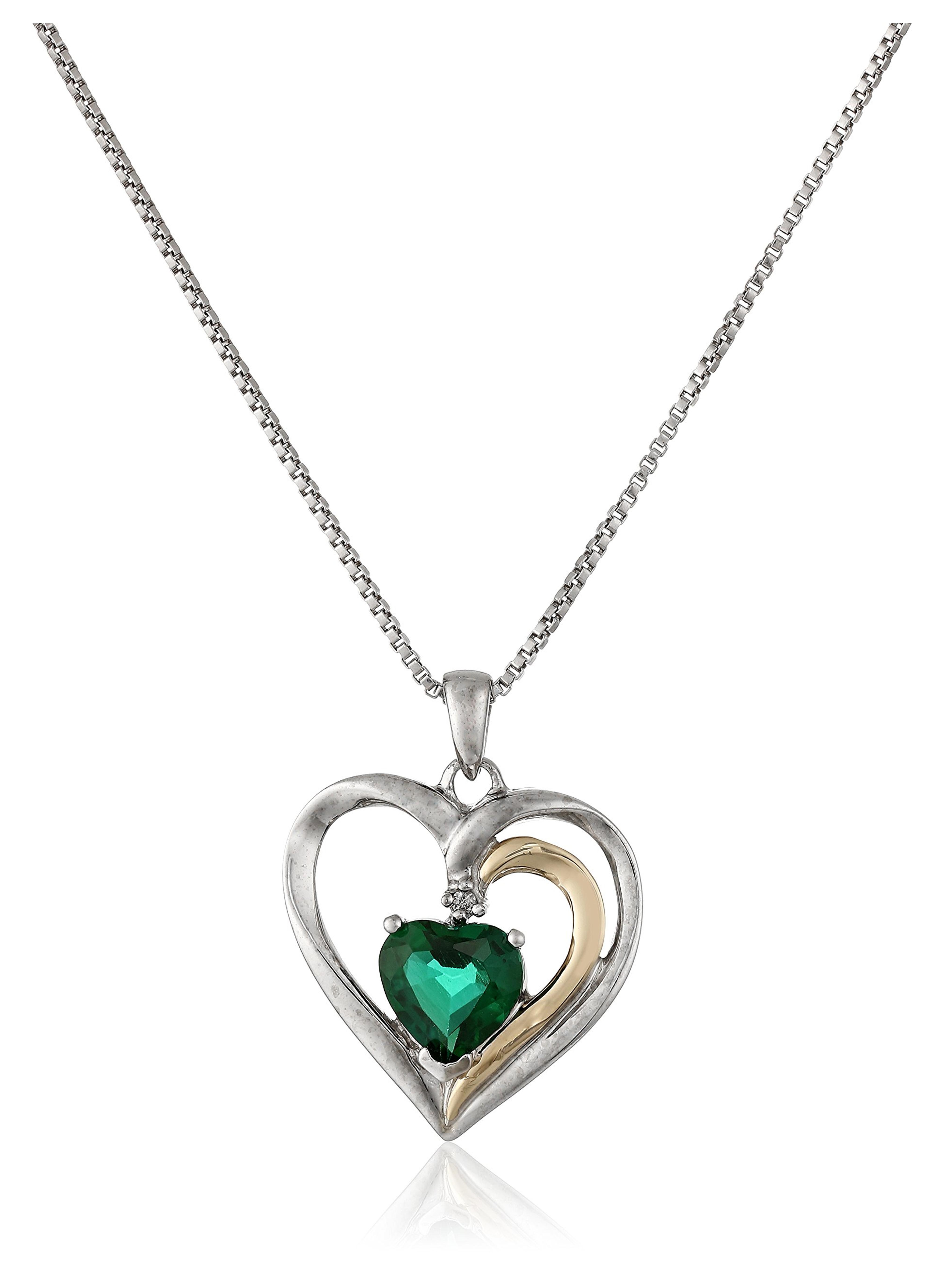 Sterling Silver and 14k Gold Created Emerald and Diamond Heart Pendant Necklace (.007 cttw, I-J Color, I2-I3 Clarity), 18" + 2" Extender