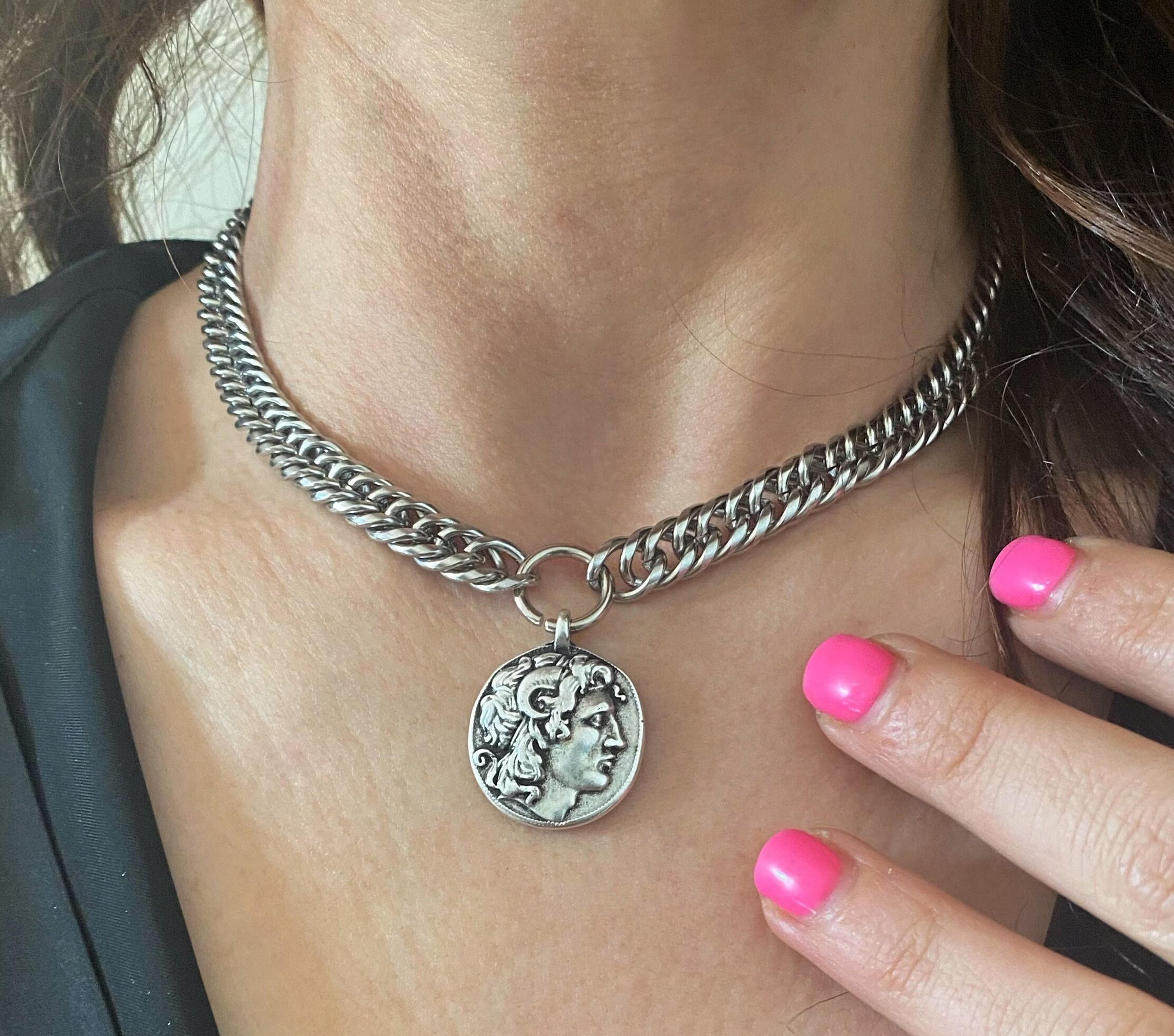 Coin necklace, silver coin necklace, choker short necklace, chunky jewelry for woman, greek gods jewelry, large  coin necklace
