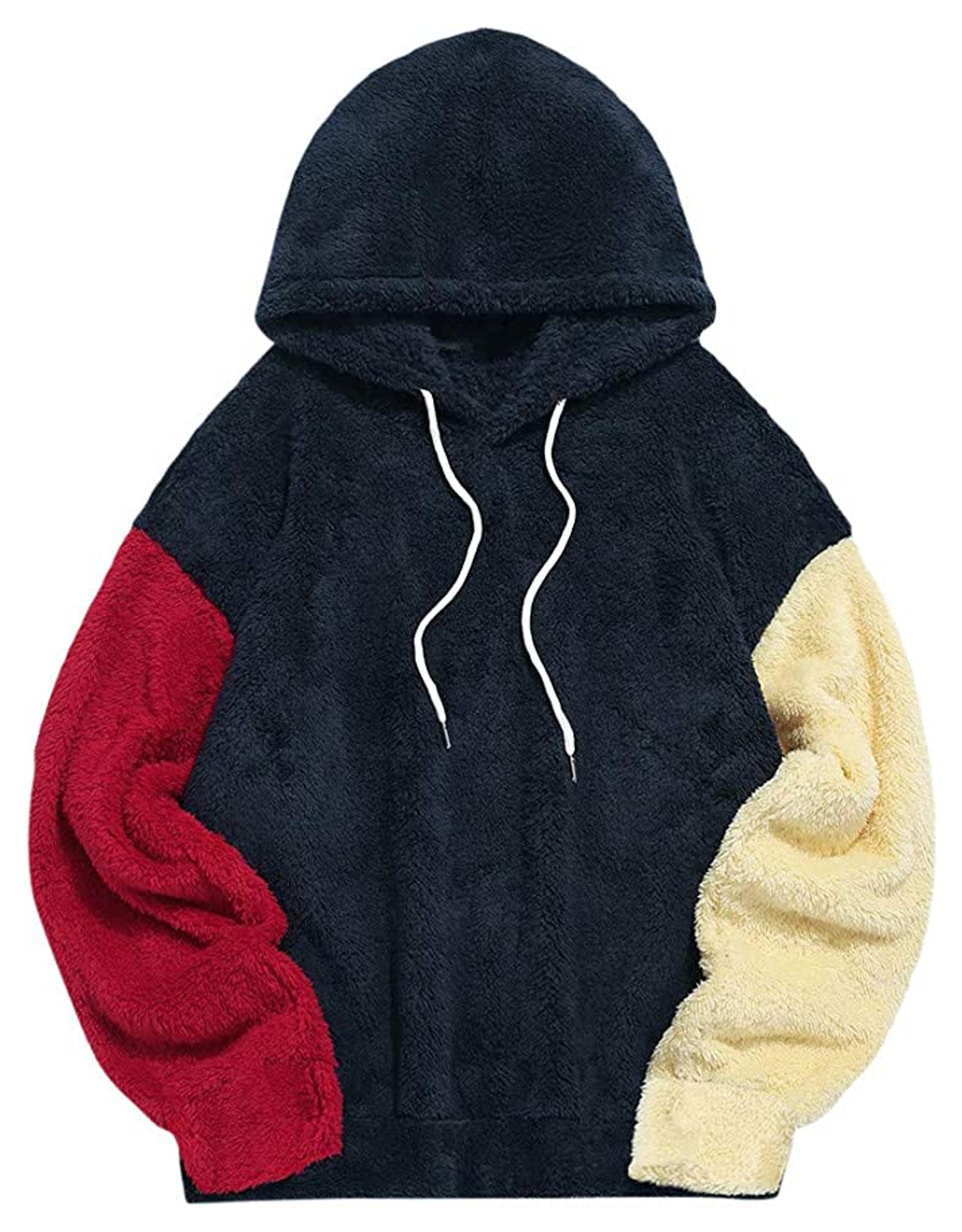 ZAFUL Fashion Sherpa Pullover Hooded Sweatshirts Unisex Colorblock Splicing Drawstring Fluffy Faux Fur Hoodies at Amazon Men’s Clothing store