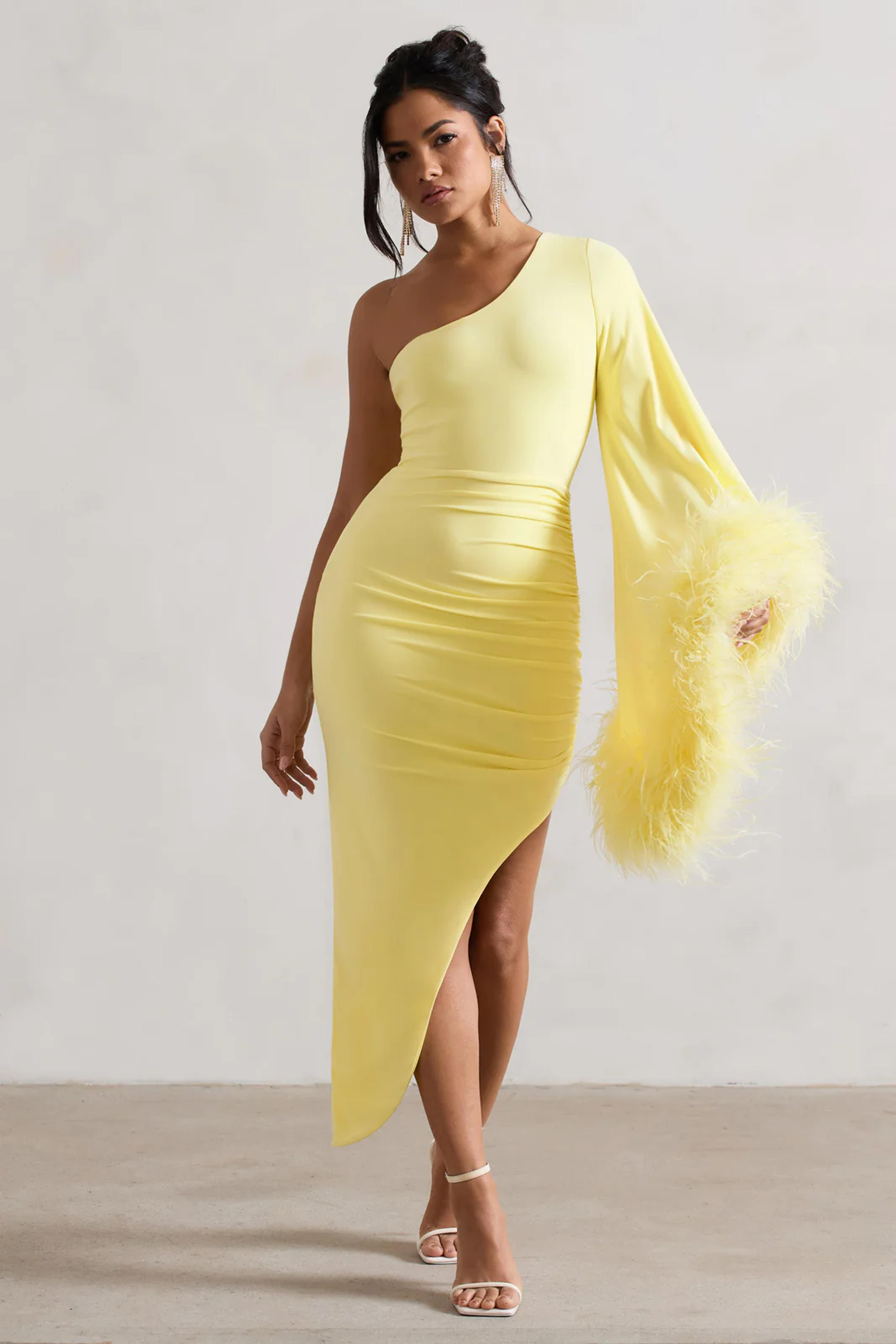 July Lemon Asymmetric Cape Sleeve Midi Dress With Feathers – Club L London - USA