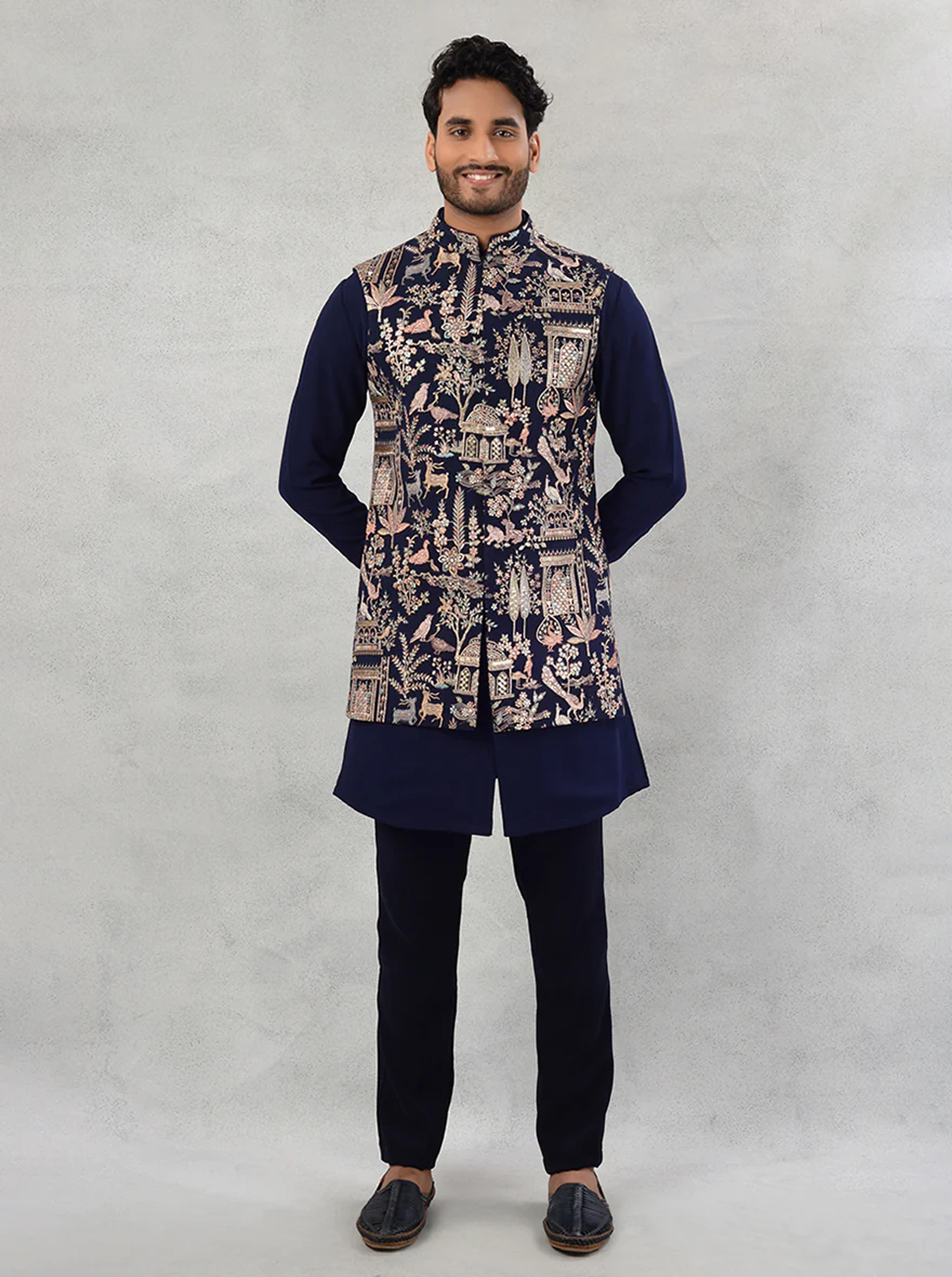 TULA Pink Sun Silk Embroidered Bandhgala Jacket for Men | Resham, Zari Work | Center Cut, Straight Cut | Sangeet, Engagement – JadeBlue Lifestyle