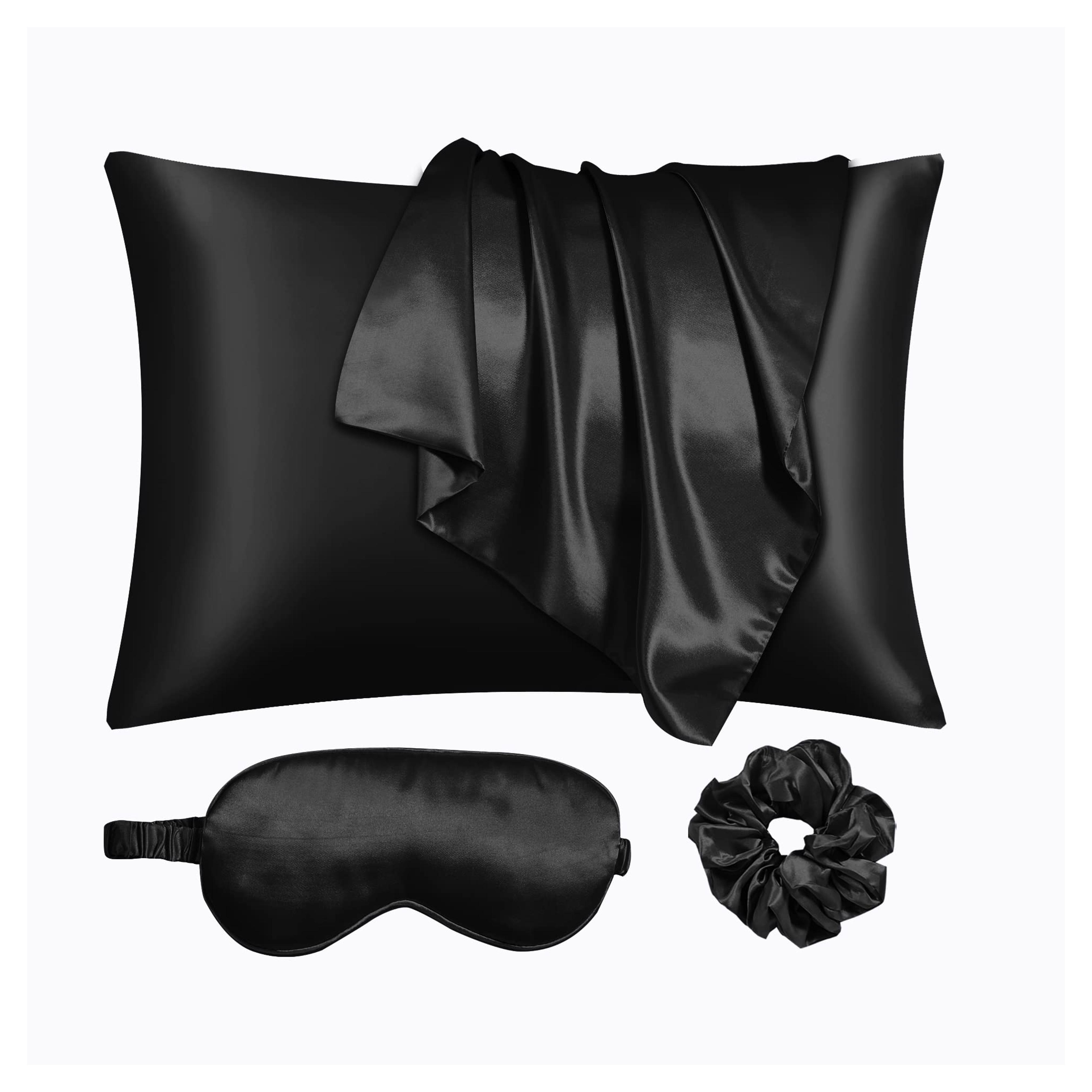 URLINENS Black Satin Pillowcase for Hair and Skin, Vegan Silk Pillowcase Set-2 Satin Pillowcases, 1 Eye Mask, 1 Scrunchie-Luxury Sleep Set, Silky Standard Satin Pillow Cases with Envelope Closure