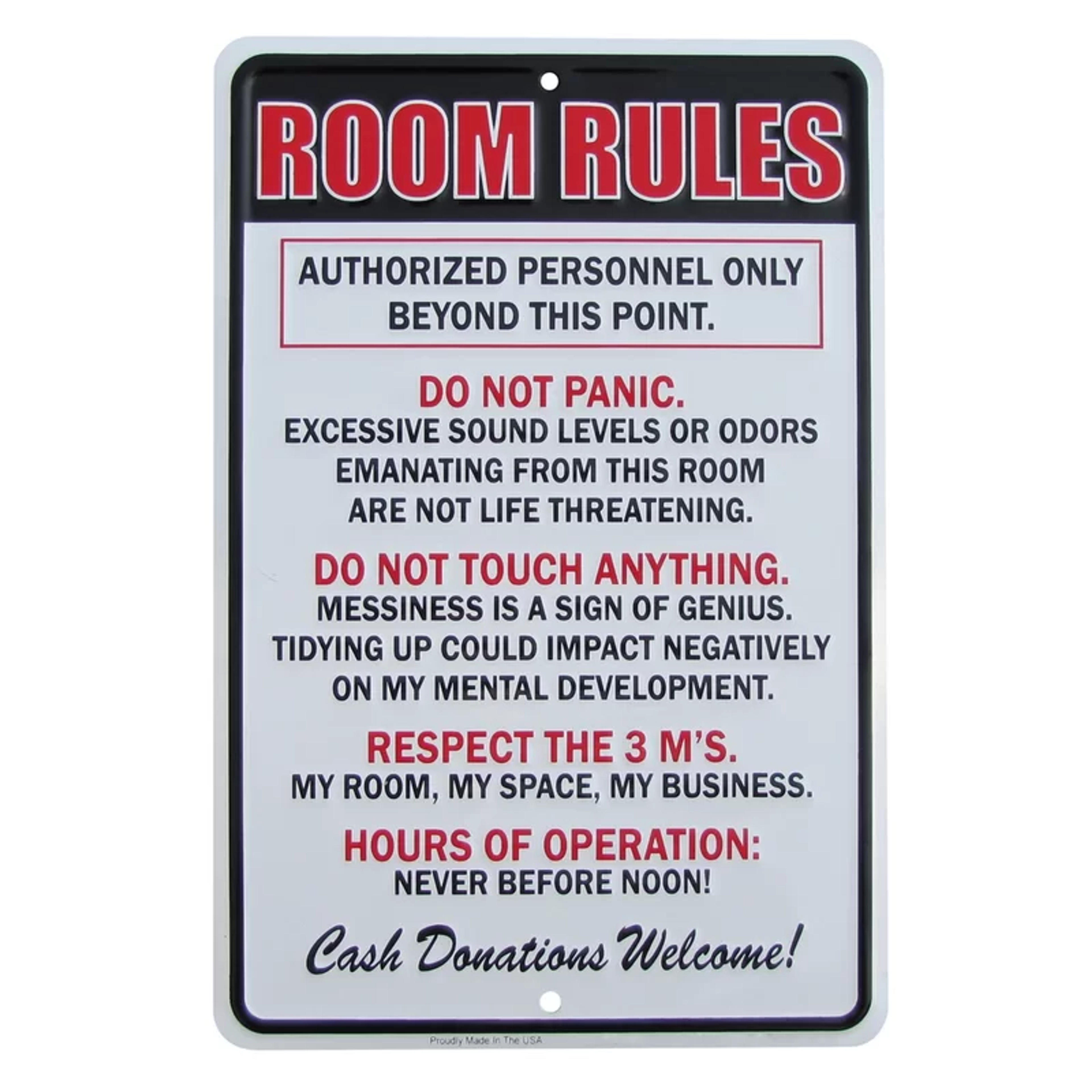 Room Rules Hours of Operation Metal Sign Funny Kids Bedroom Man Cave Decor