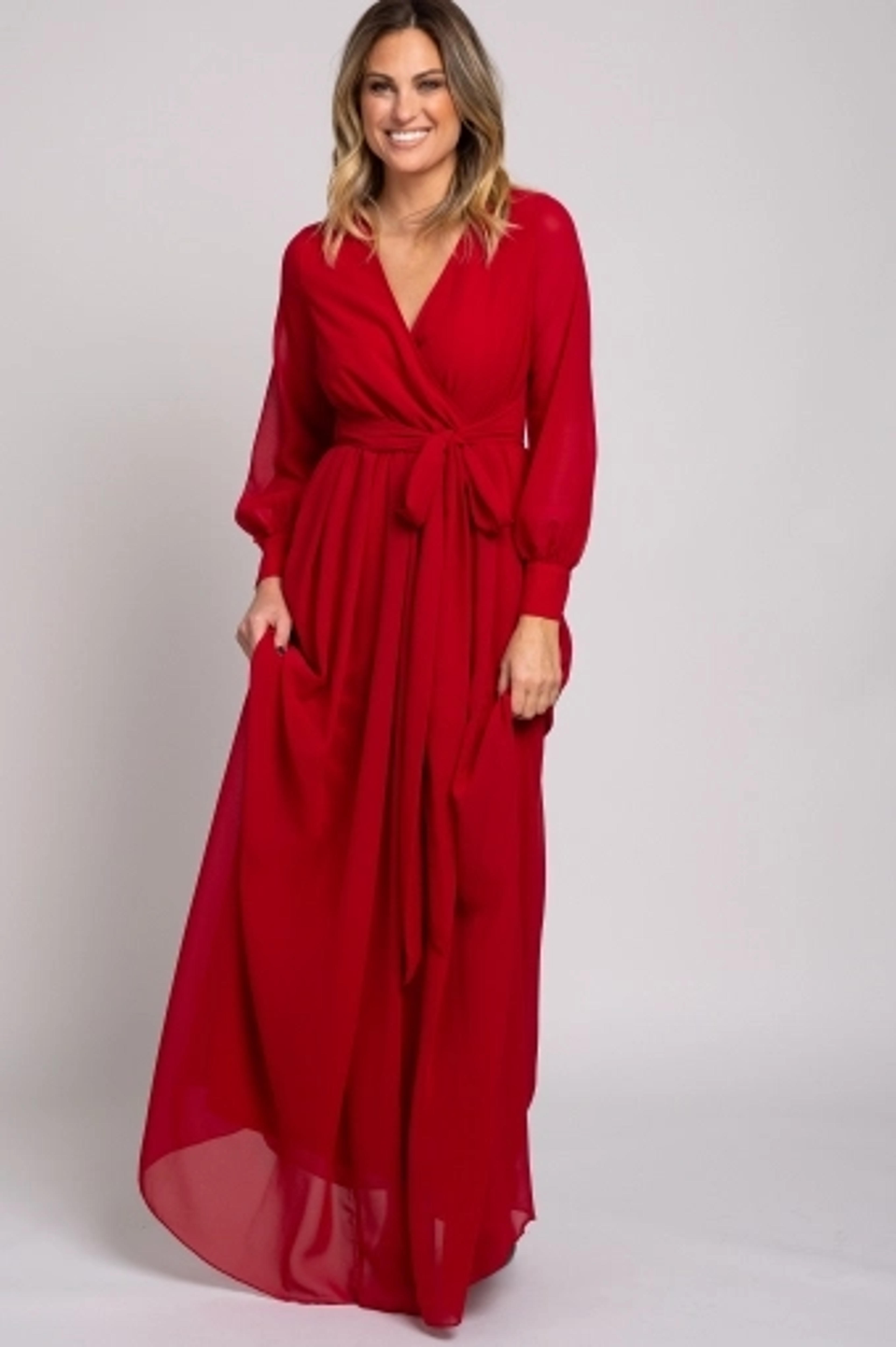 Red Chiffon Long Sleeve Pleated Maternity Maxi Dress – PinkBlush