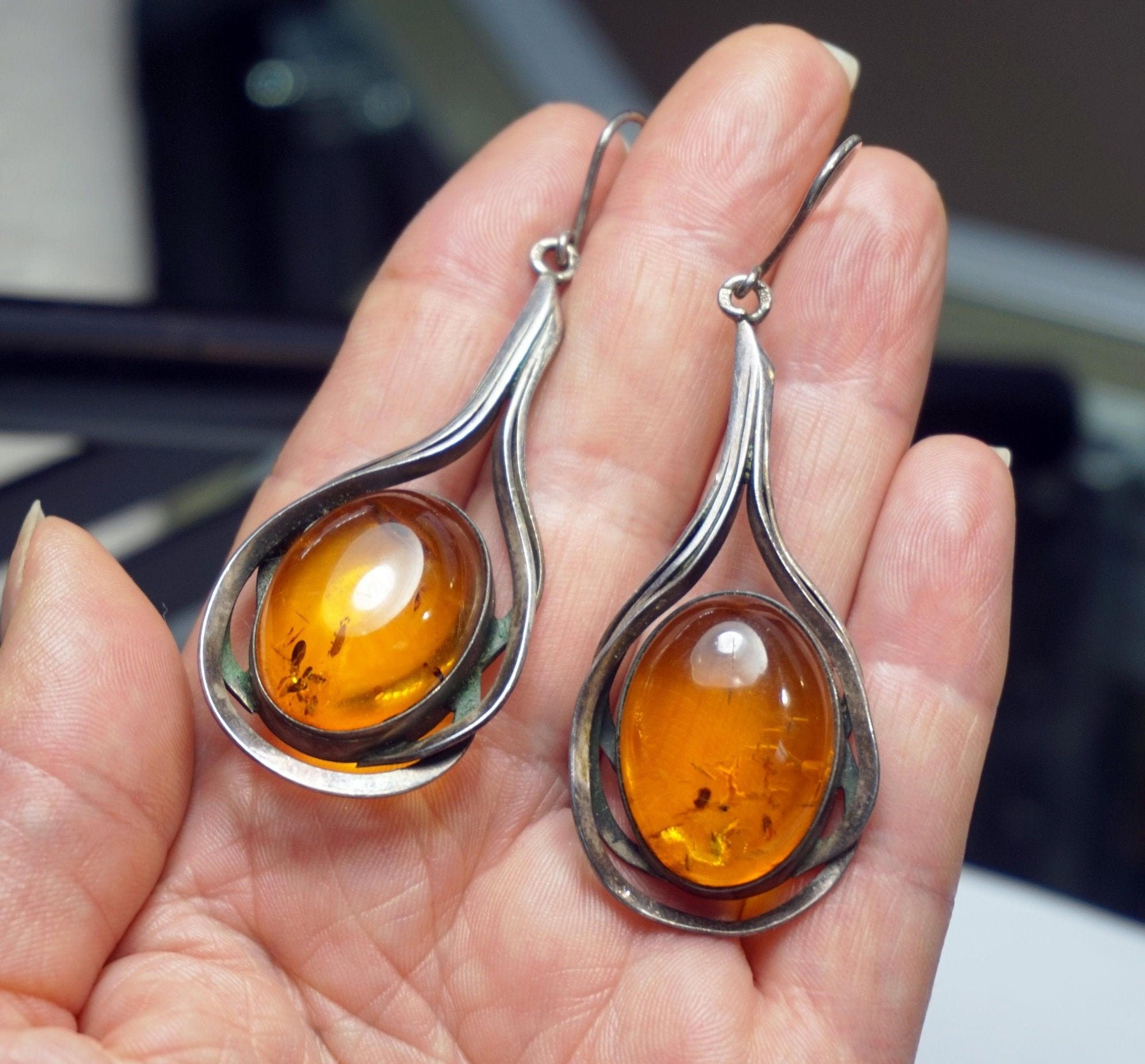 BALTIC AMBER EARRINGS Marvelous Bold Amber Silver Long Earrings Super Big Amber With Insects Rare Antique Amber Jewelry Unique Gift For Her