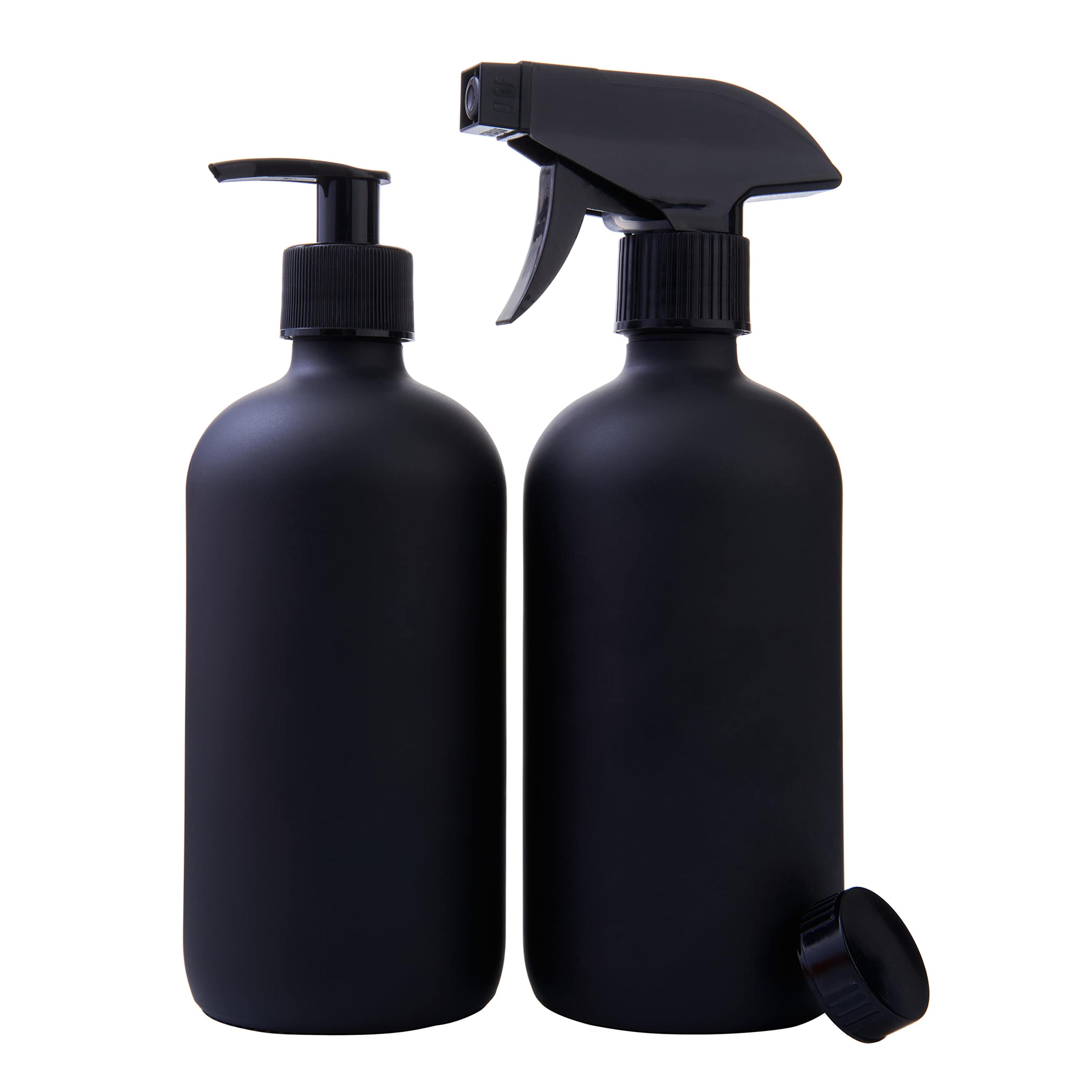 Amazon.com: Black Coated Glass Boston Round Bottles with Flat Caps, Soap Dispenser Pump and Spray Mister Nozzle - Set of 2 16 Ounce Jars : Beauty & Personal Care