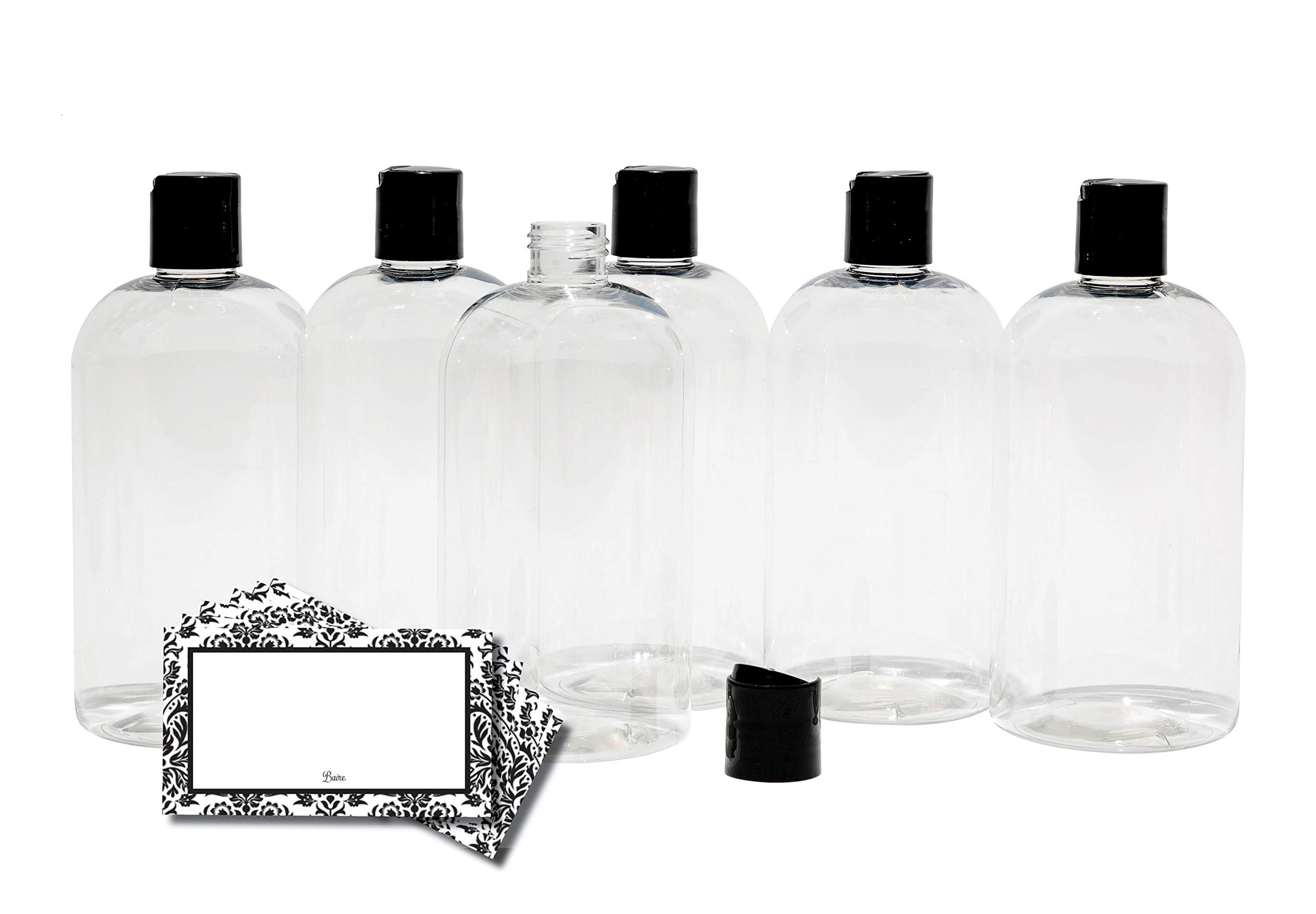 Amazon.com: Baire Bottles 16 oz Empty Plastic Bottles with Squeeze Top for Shampoo Bottles, Lotion Bottle, Hand Sanitizer, 6 Pack, Waterproof Labels, PET, BPA Free USA (Clear with Black Disc, Damask Labels) : Beauty & Personal Care