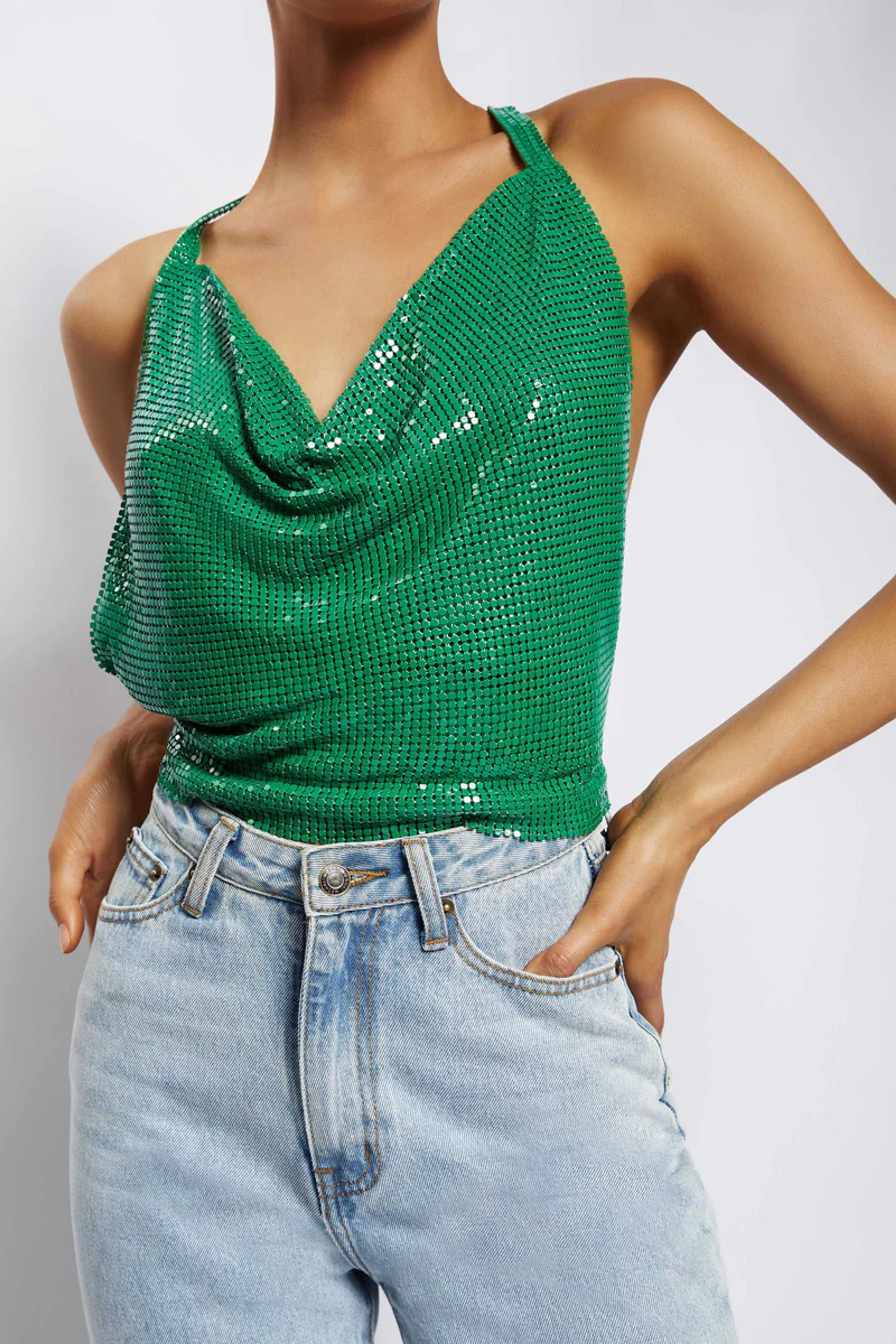 Brinley Cowl Neck Glow Mesh Top - Green