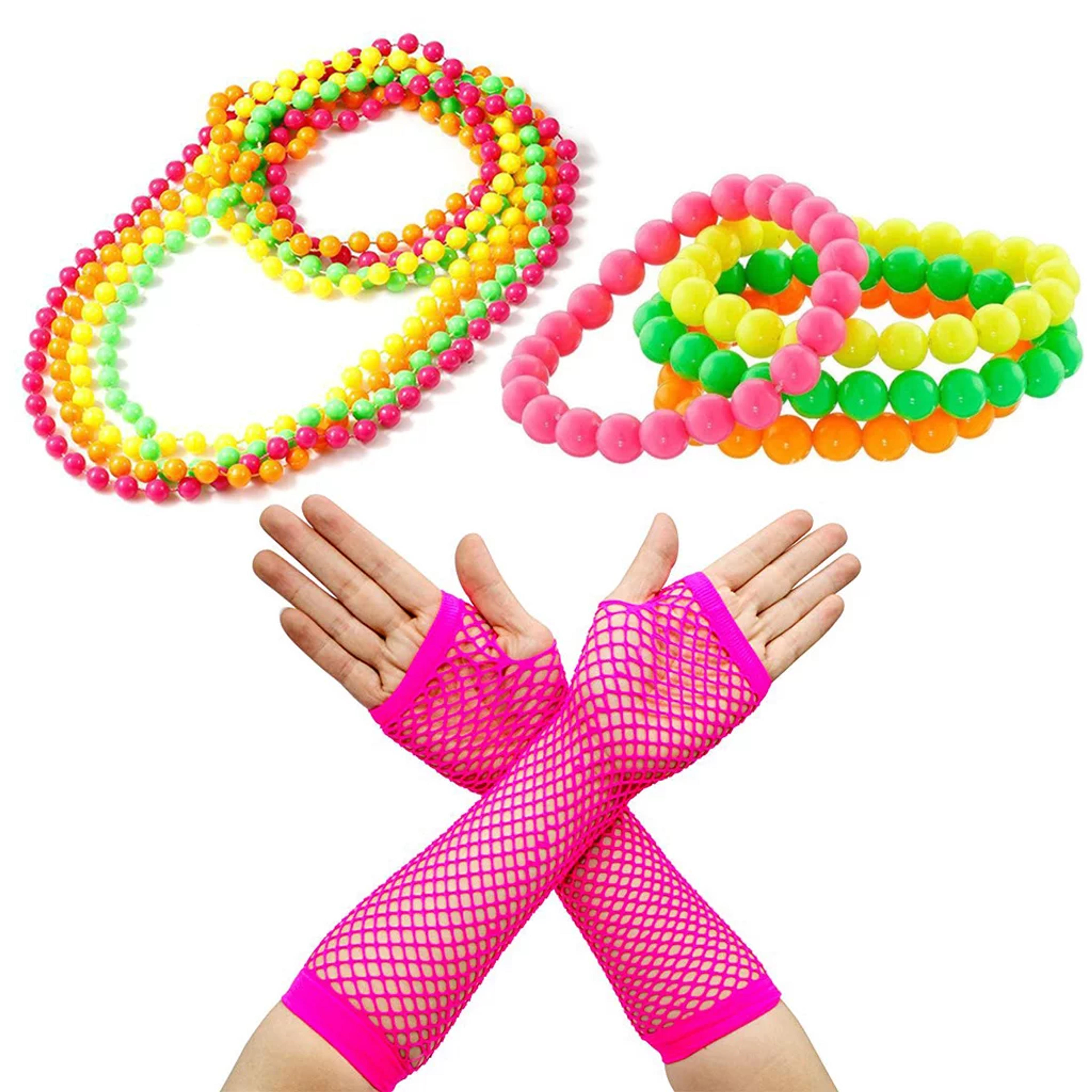 HGYCPP Women Girls 80s Fancy Dress Accessories Neon Fingerless Fishnet Gloves Beaded Necklace Bracelet for Retro Party Outfit Costume - Walmart.com