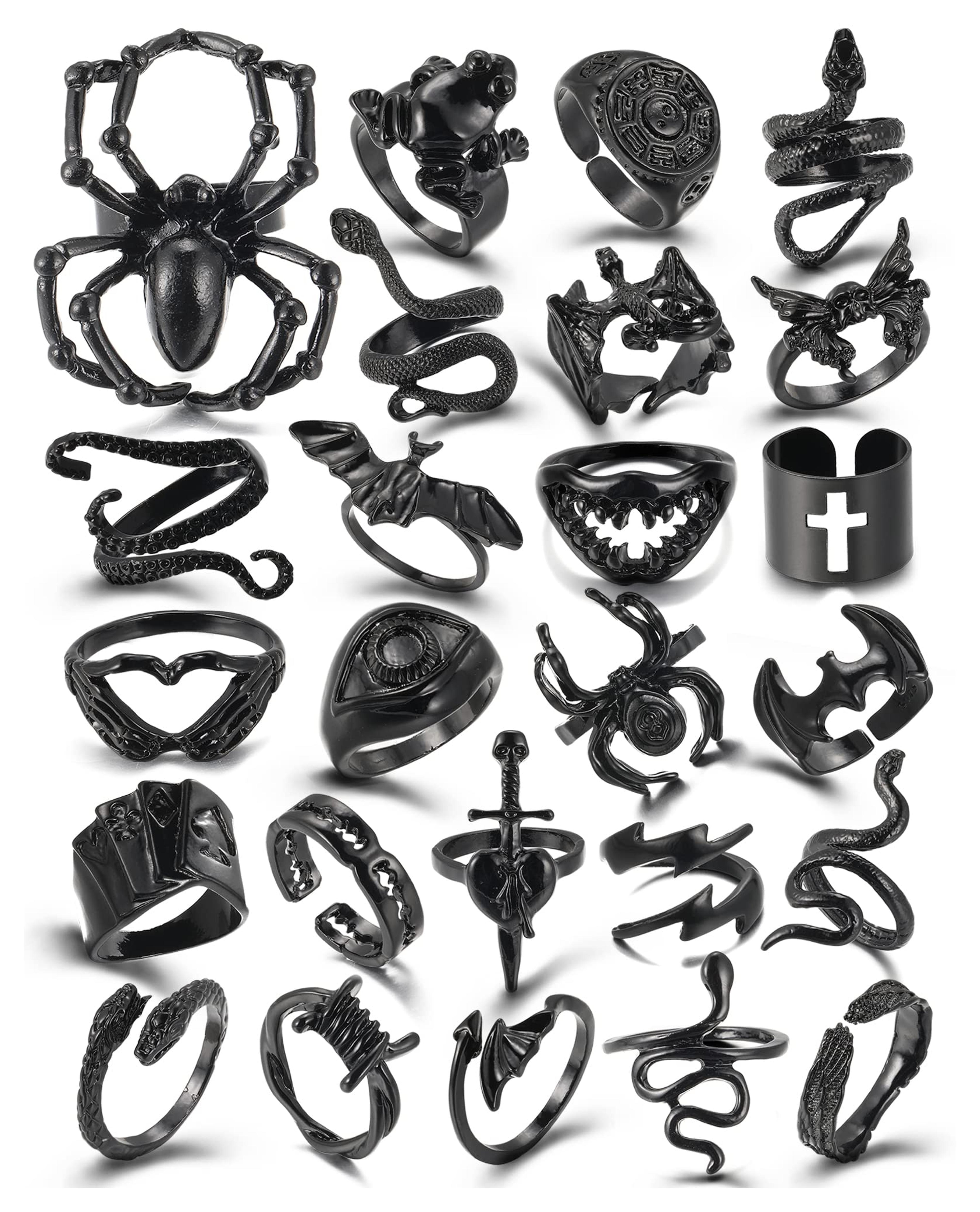 Amazon.com: Black Goth Rings for Men Women, 25 Pcs Punk Rings for Girls, Vintage Eboy Animal Rings Set, Cool Stackable Gothic Emo Rings, Boho Snake Spider Open Y2K Rings Pack for Gift: Clothing, Shoes & Jewelry