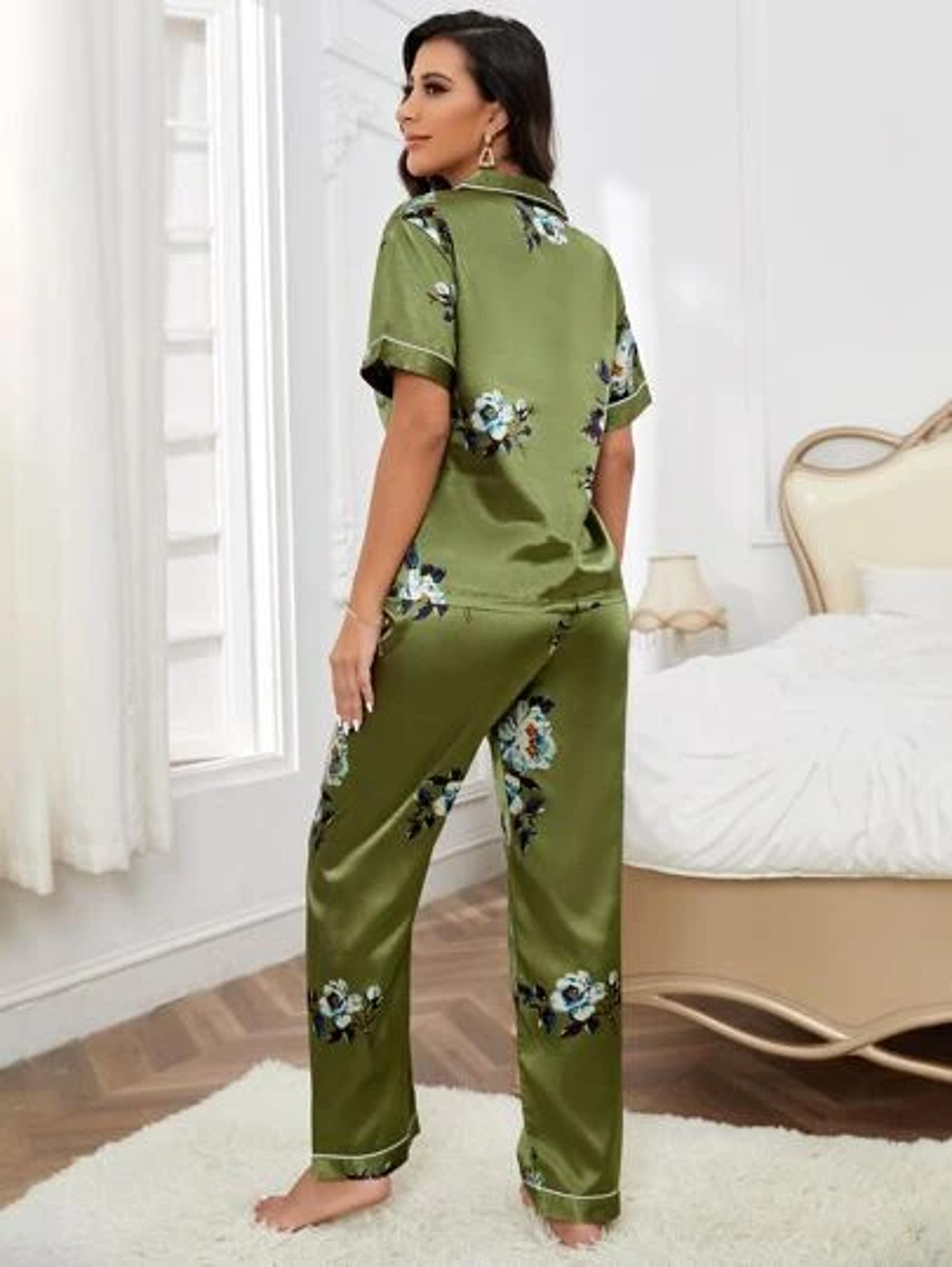 Floral Print Patched Pocket Piping Trim Satin PJ Set | SHEIN UK