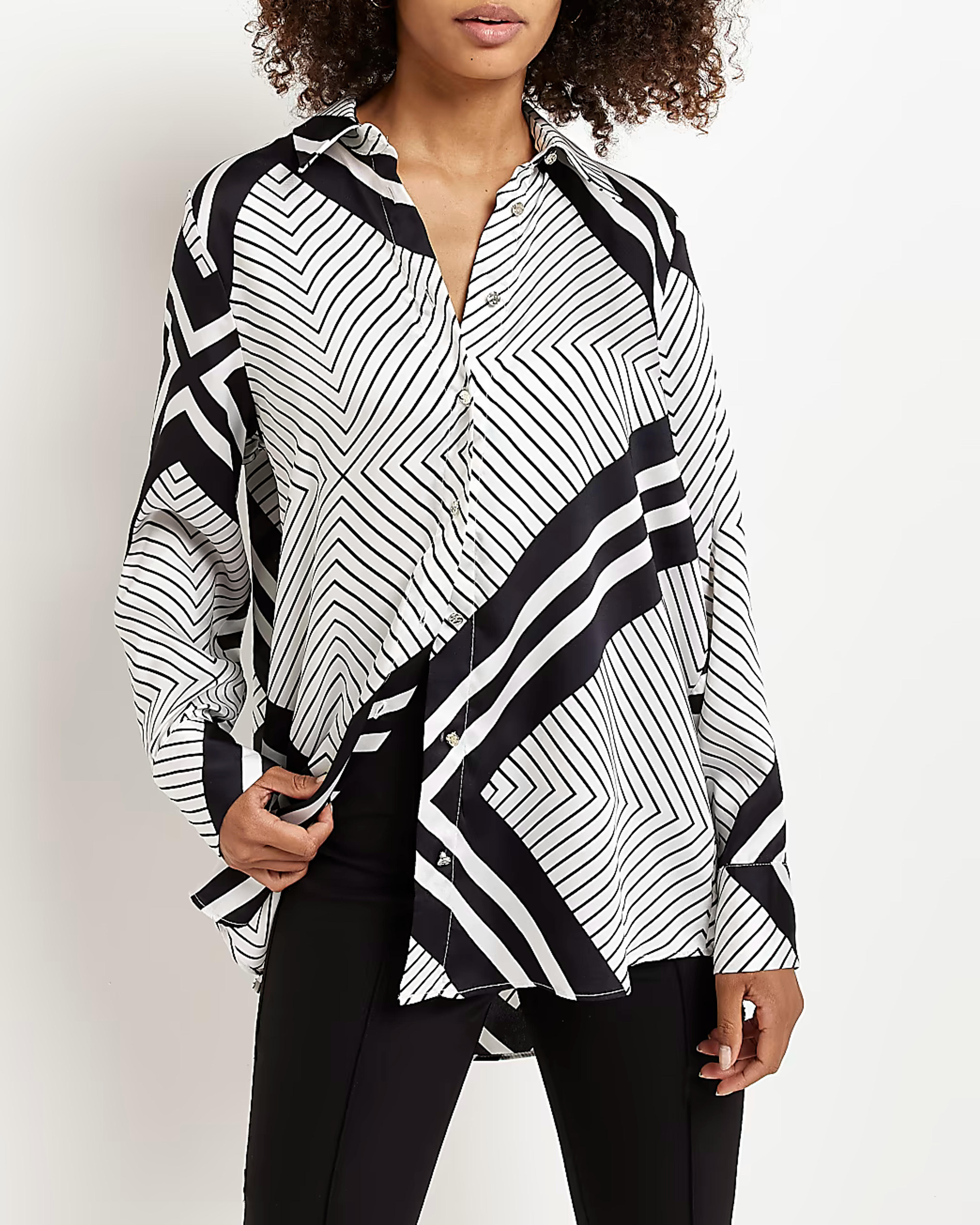 Black satin geometric oversized shirt | River Island