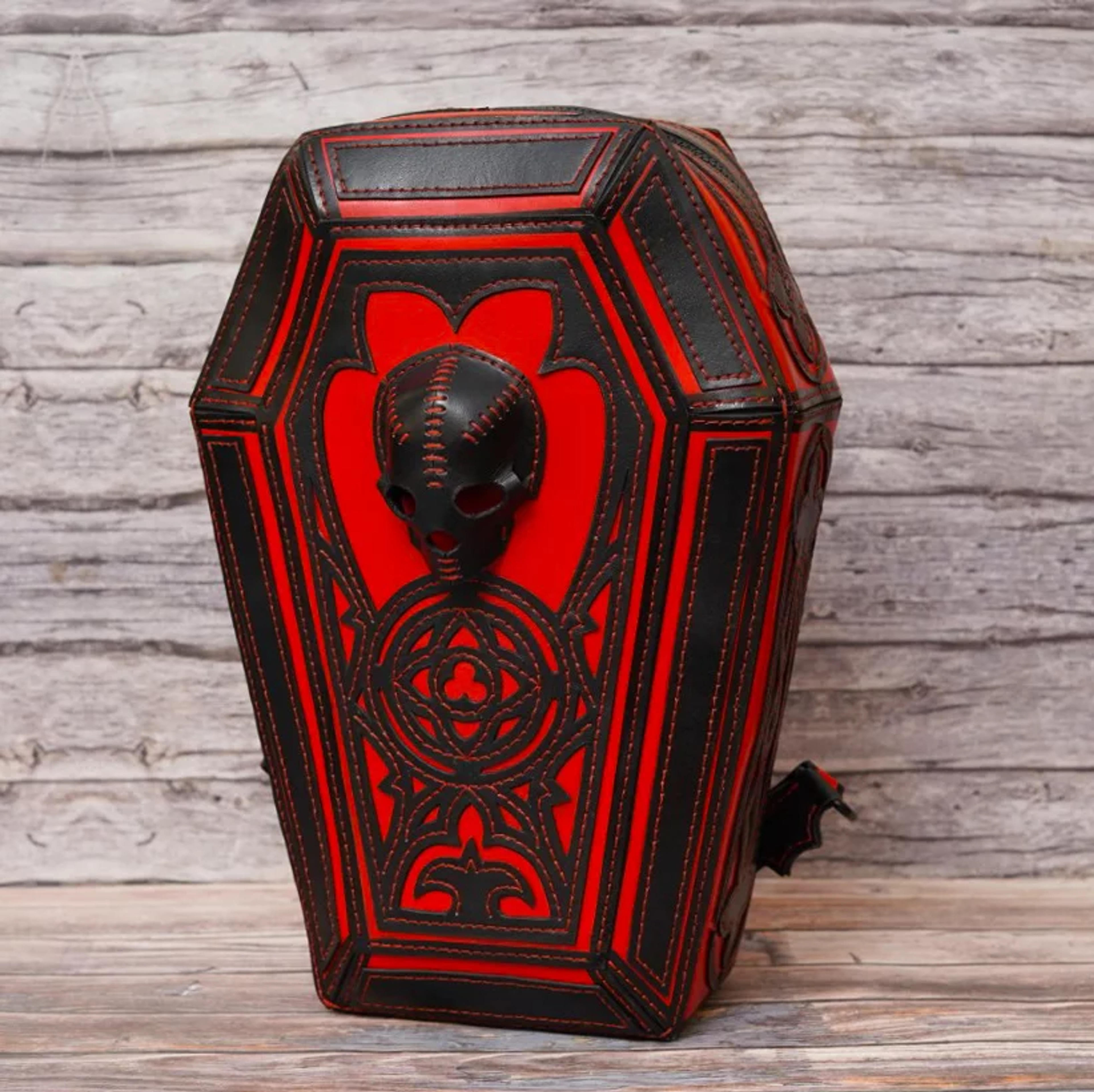 Leather Coffin Backpack | Black With Red Steampunk Backpack