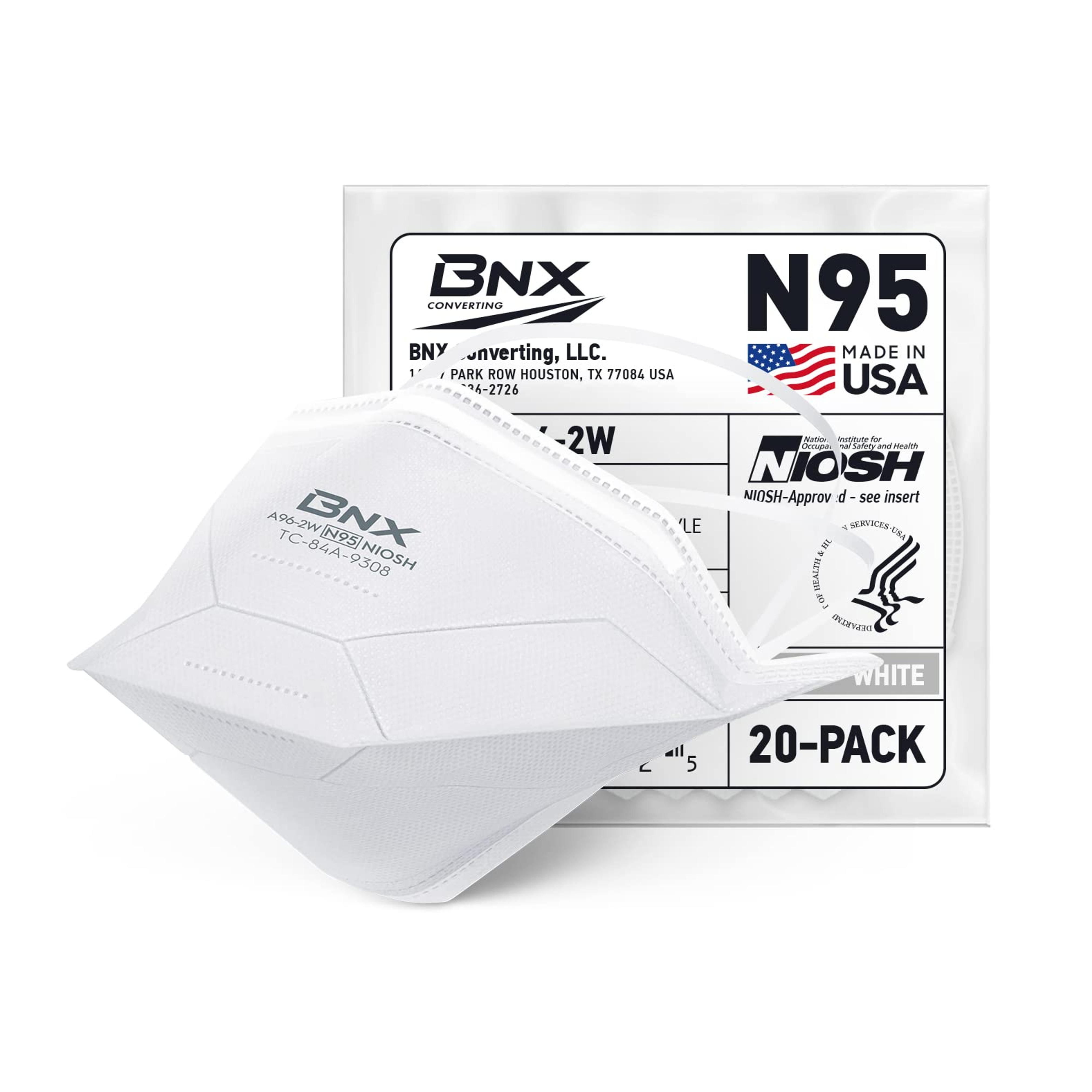 BNX N95 Mask NIOSH Certified MADE IN USA Duckbill Style Particulate Respirator Protective Face Mask (20-Pack, Approval Number TC-84A-9308 / Model A96-2) White